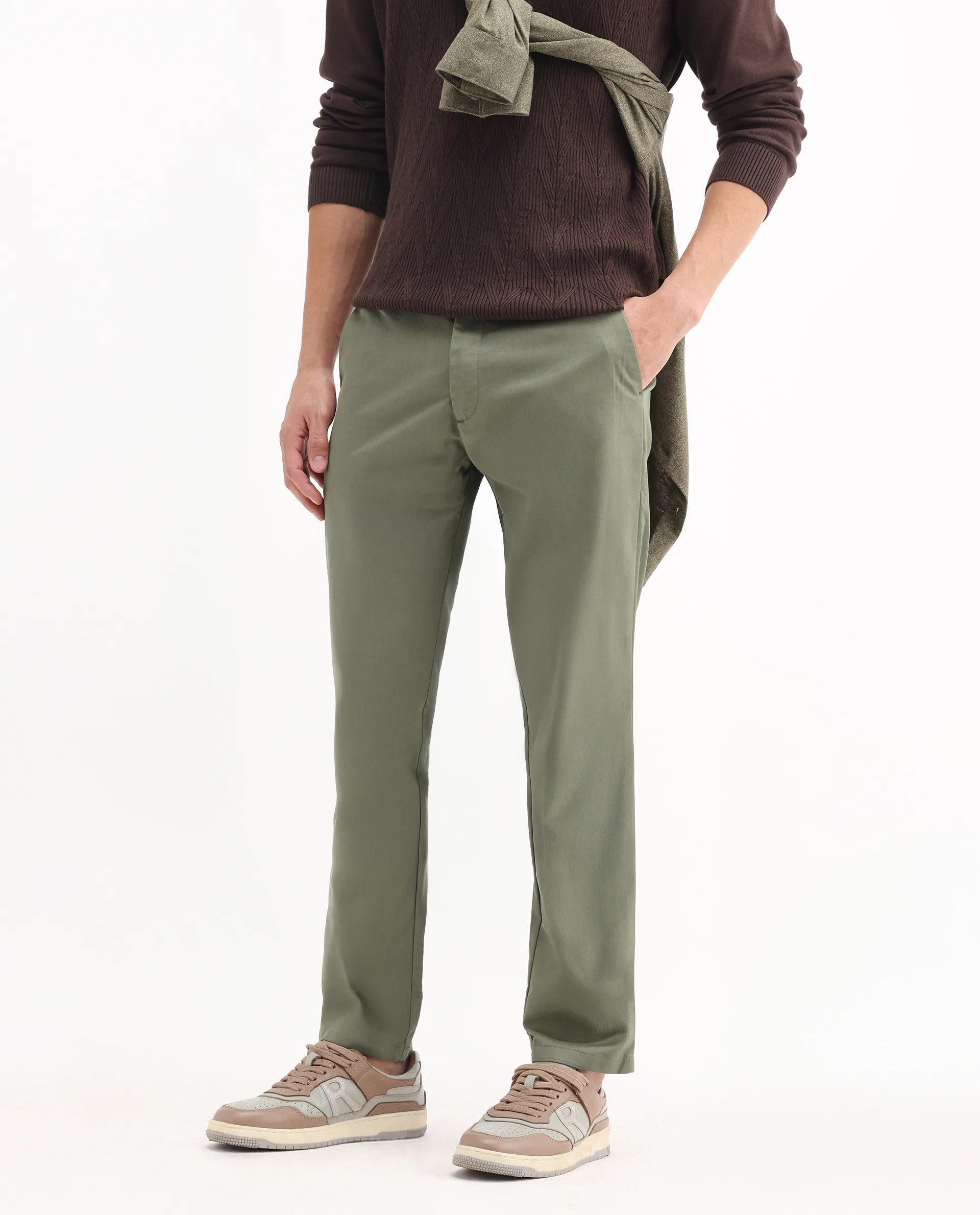 Rare Rabbit Men's Ebert Olive Cotton Plain Regular Fit Trouser