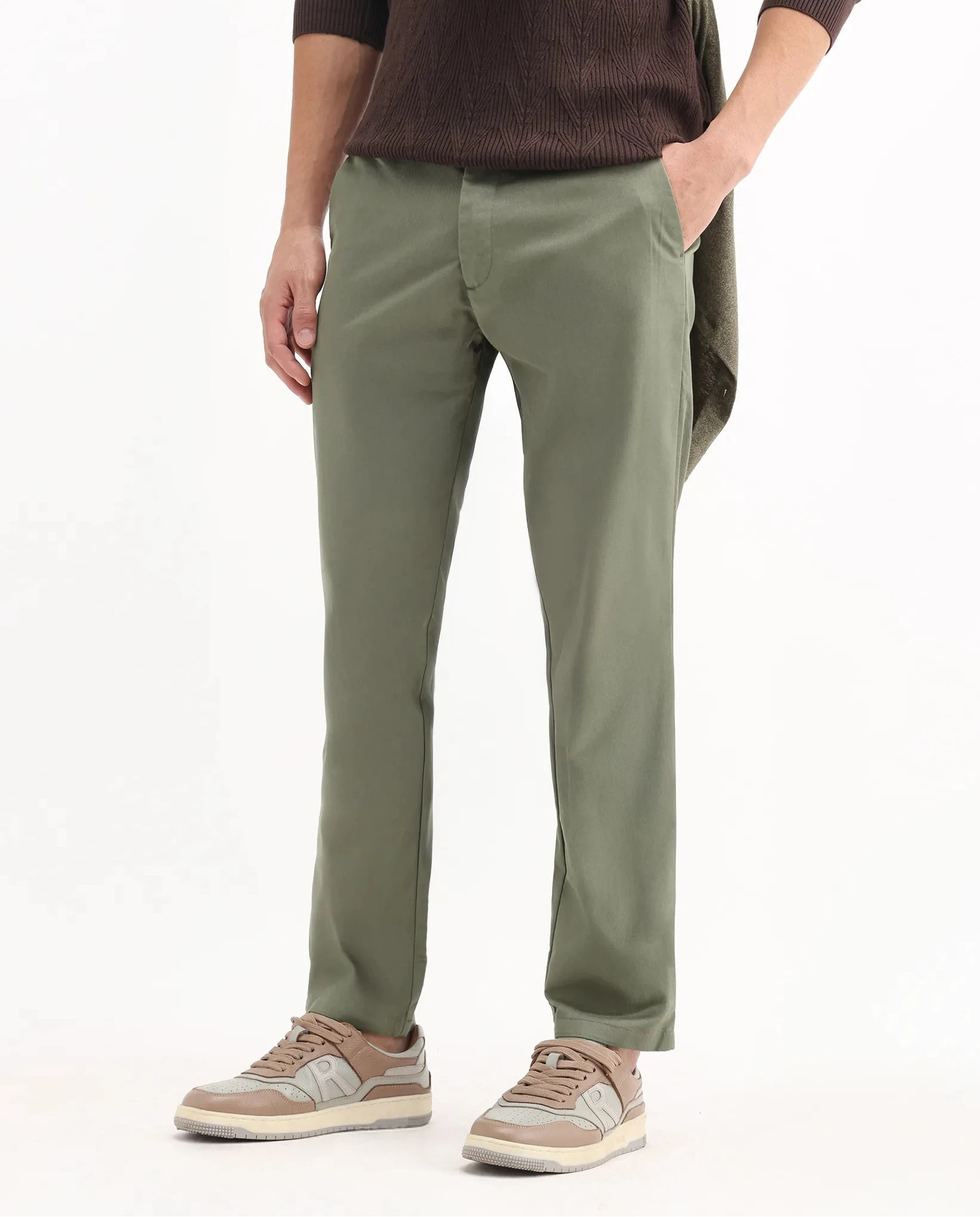 Rare Rabbit Men's Ebert Olive Cotton Plain Regular Fit Trouser