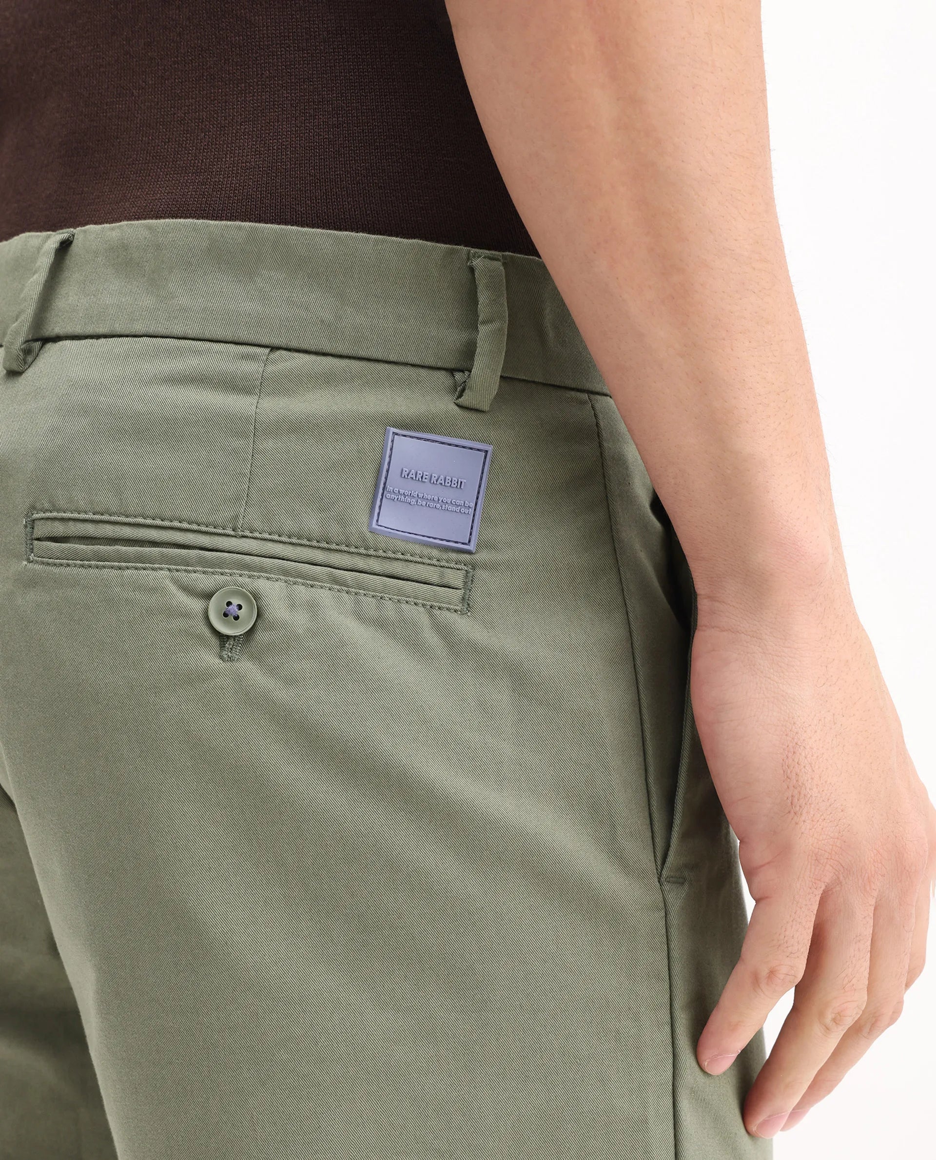 Rare Rabbit Men's Ebert Olive Cotton Plain Regular Fit Trouser