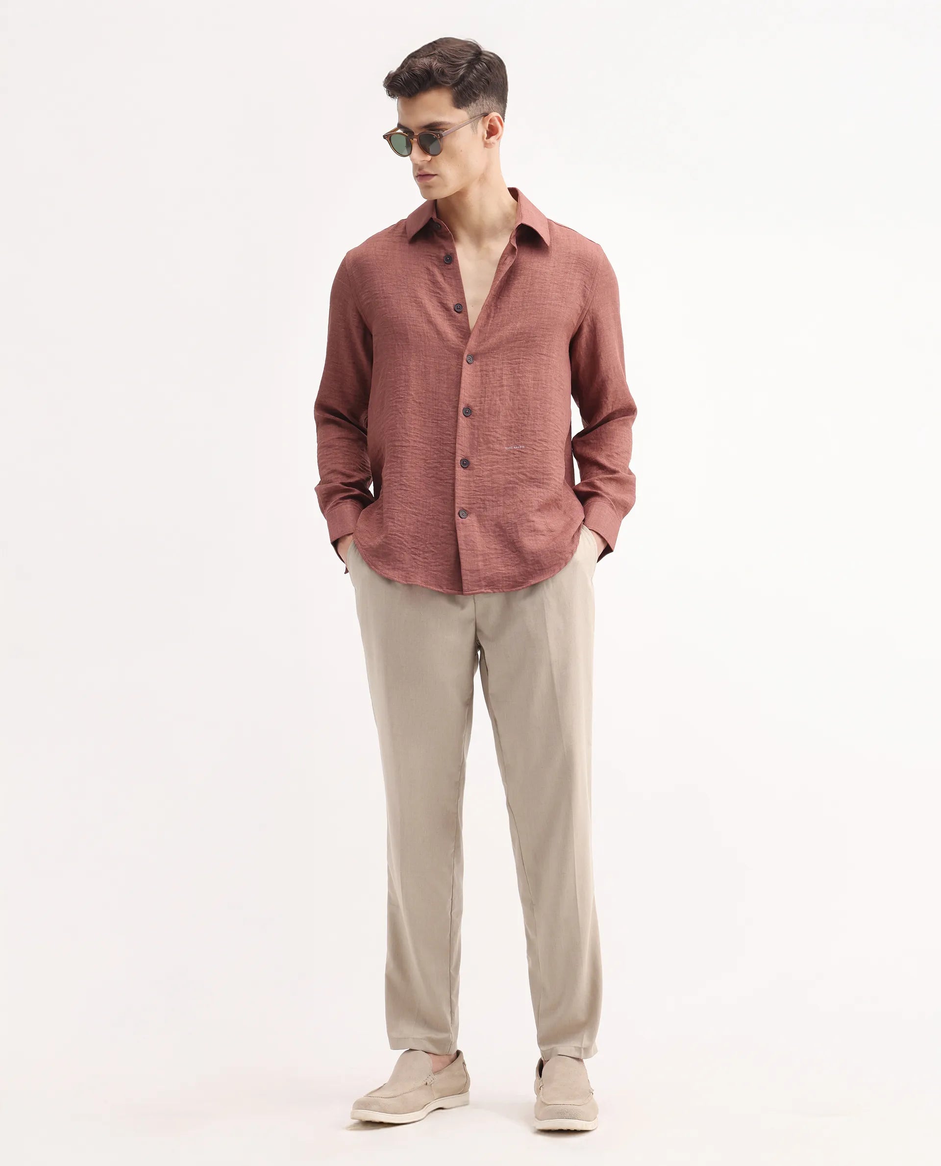 Rare Rabbit Men's Echo Beige Cotton Plain Regular Fit Trouser