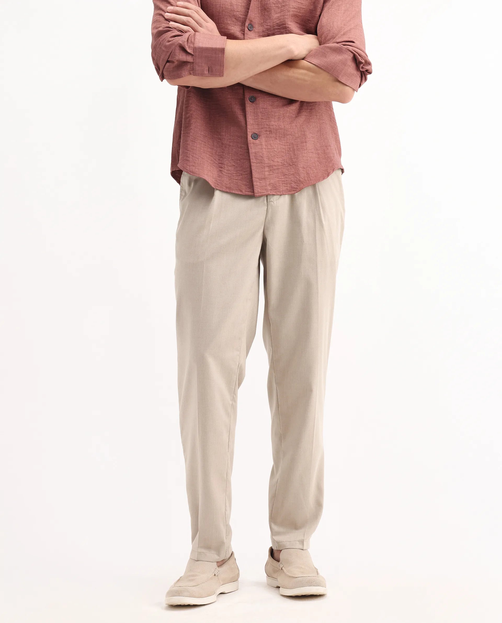 Rare Rabbit Men's Echo Beige Cotton Plain Regular Fit Trouser