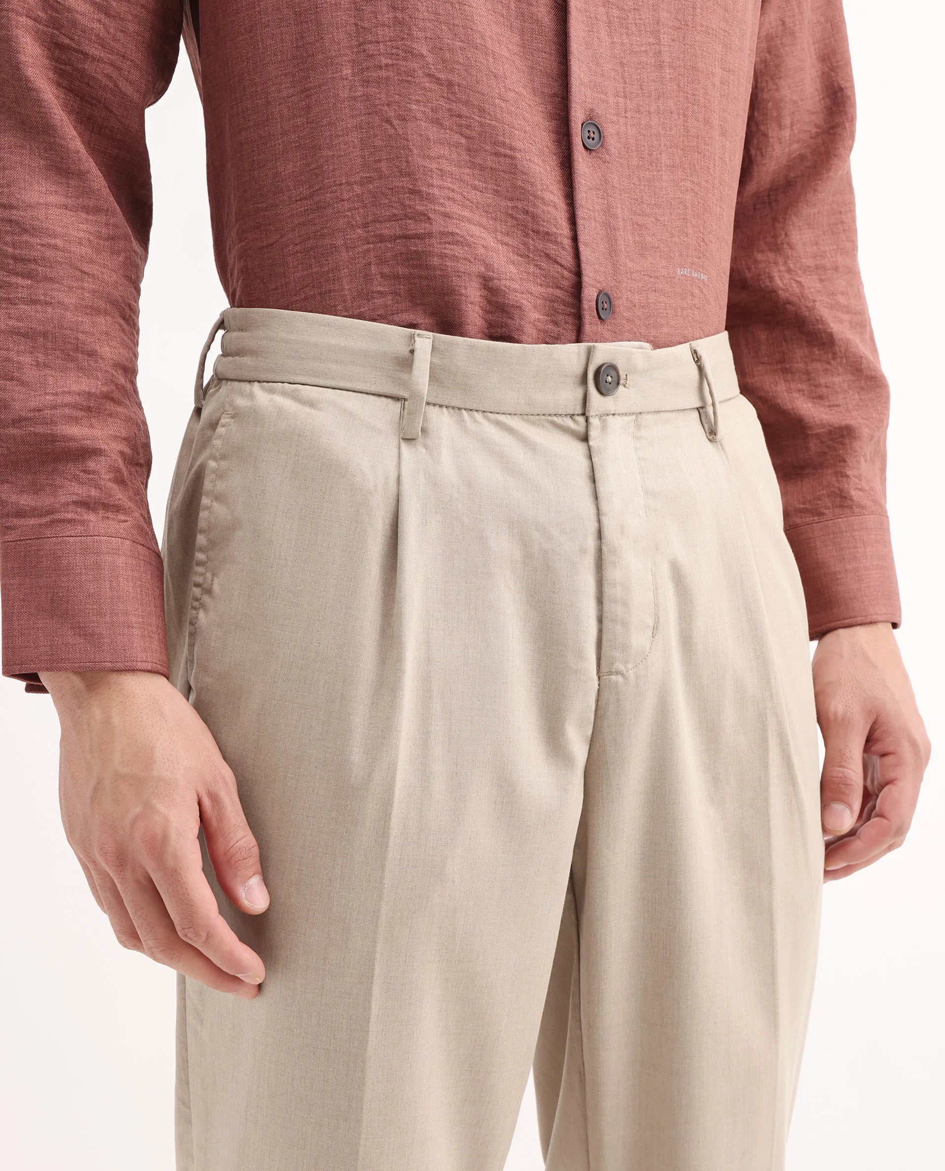 Rare Rabbit Men's Echo Beige Cotton Plain Regular Fit Trouser