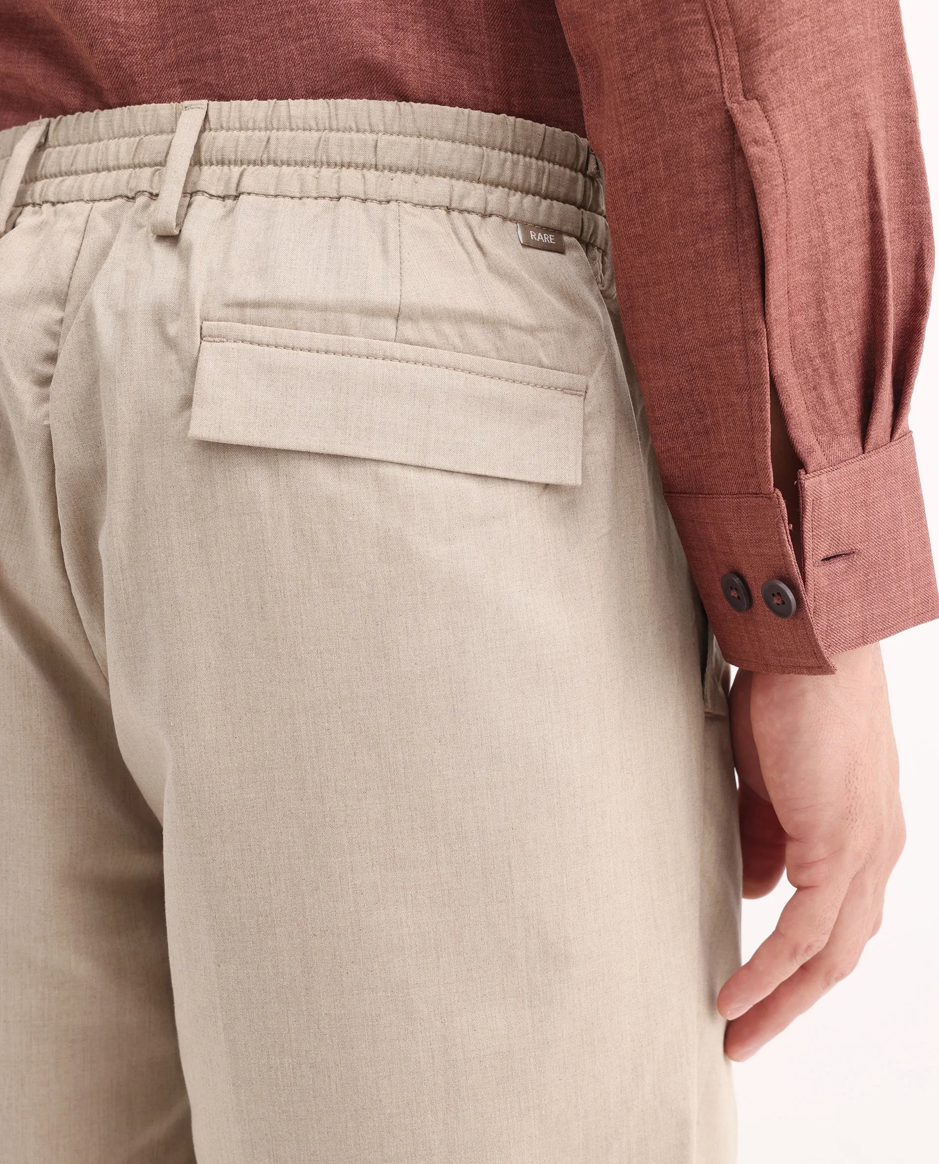Rare Rabbit Men's Echo Beige Cotton Plain Regular Fit Trouser