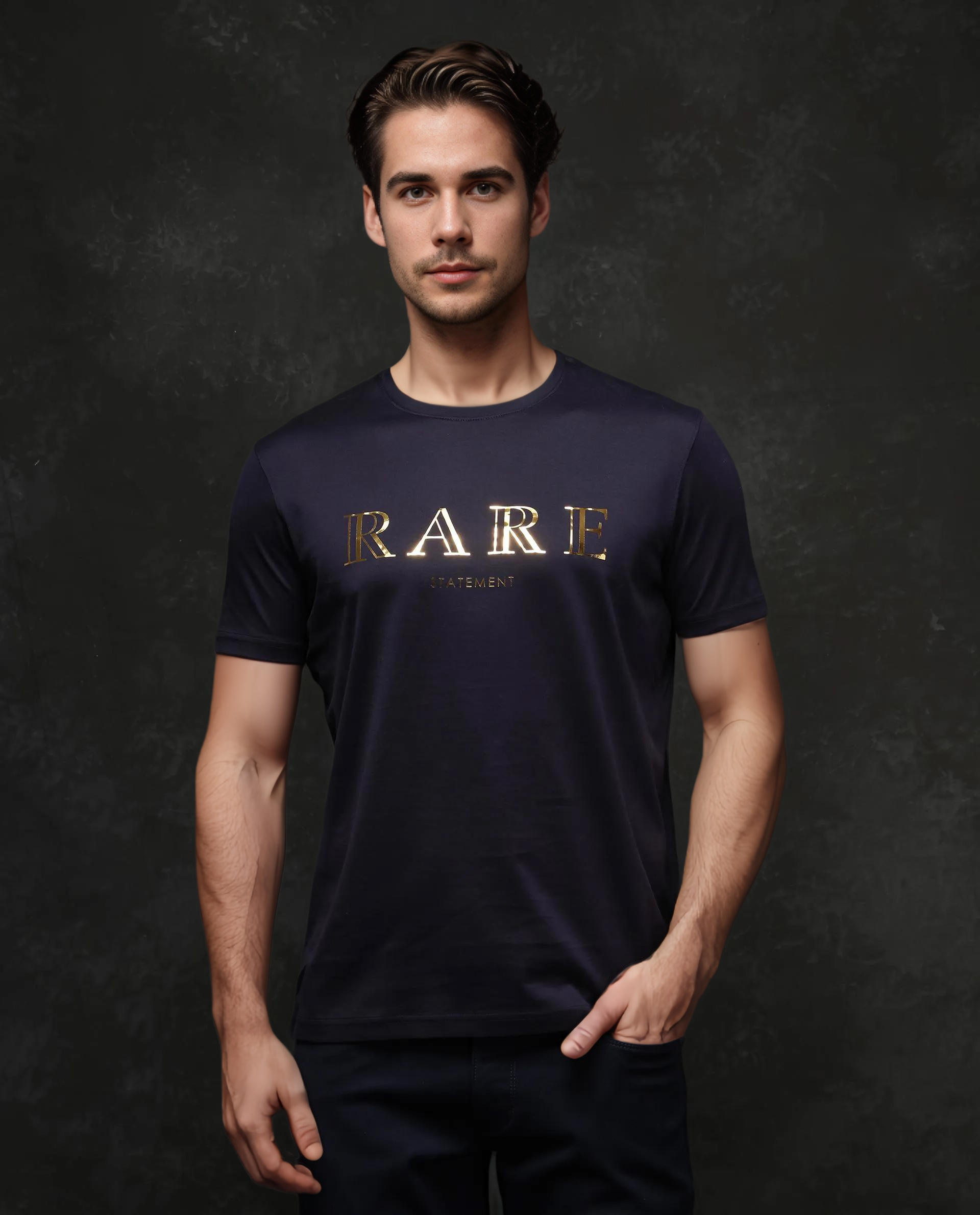 Rare Rabbit Men's Echon-1 Navy Cotton Fabric Short Sleeve Crew Neck Graphic Print T-Shirt