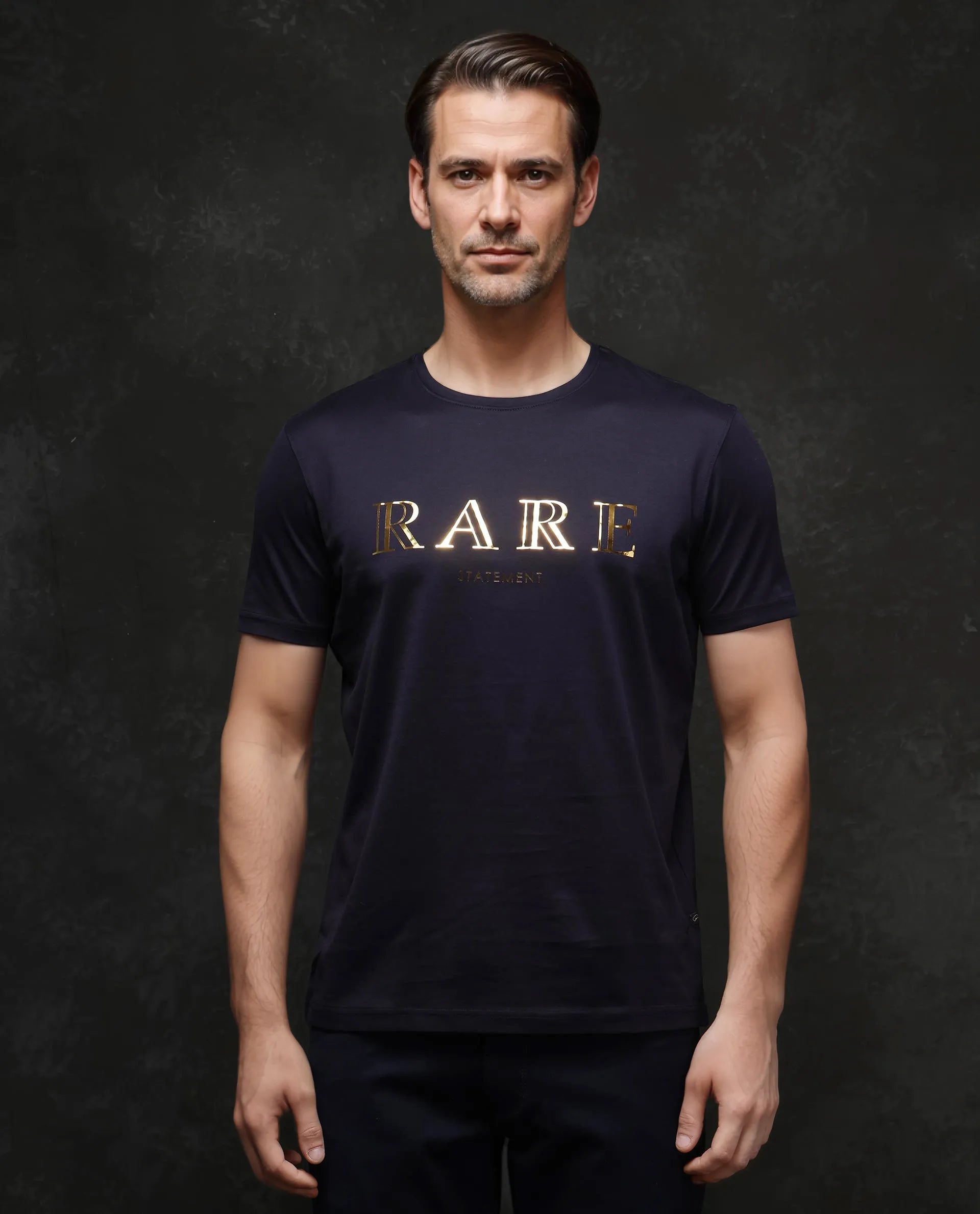 Rare Rabbit Men's Echon-1 Navy Cotton Fabric Short Sleeve Crew Neck Graphic Print T-Shirt