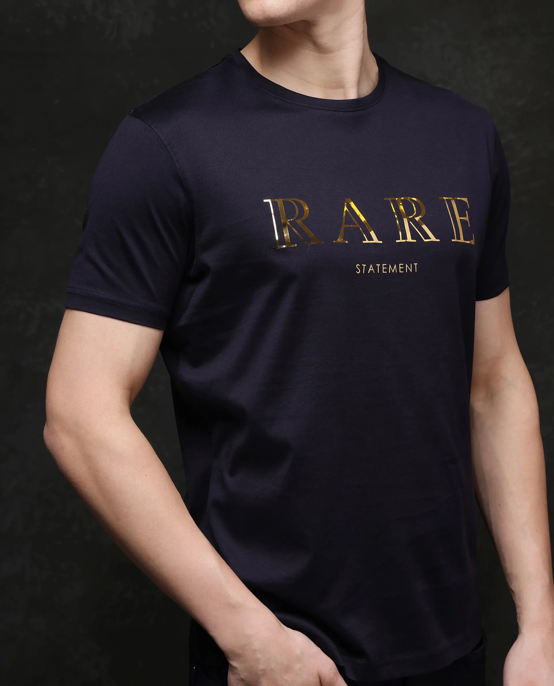 Rare Rabbit Men's Echon-1 Navy Cotton Fabric Short Sleeve Crew Neck Graphic Print T-Shirt