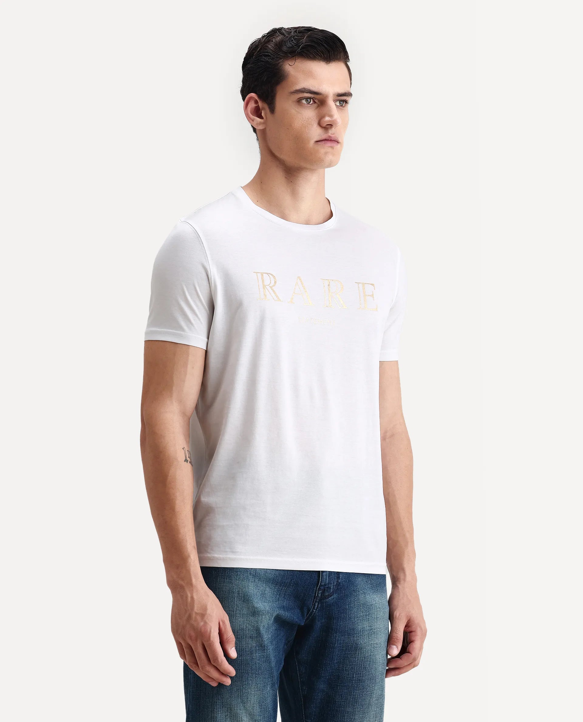 Rare Rabbit Men's Echon White Cotton Graphic Print Regular Fit Half Sleeve Crew Neck T-Shirt