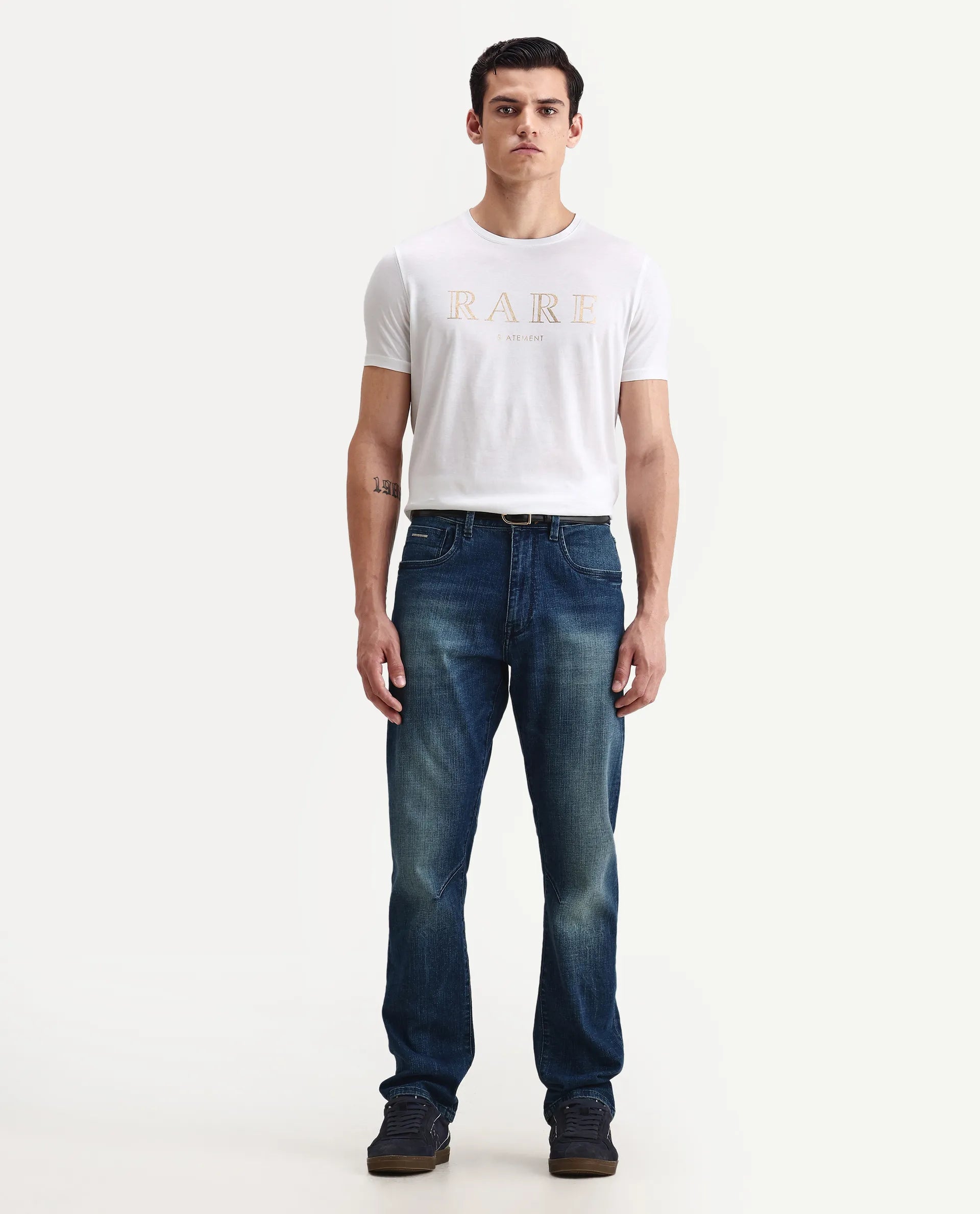 Rare Rabbit Men's Echon White Cotton Graphic Print Regular Fit Half Sleeve Crew Neck T-Shirt