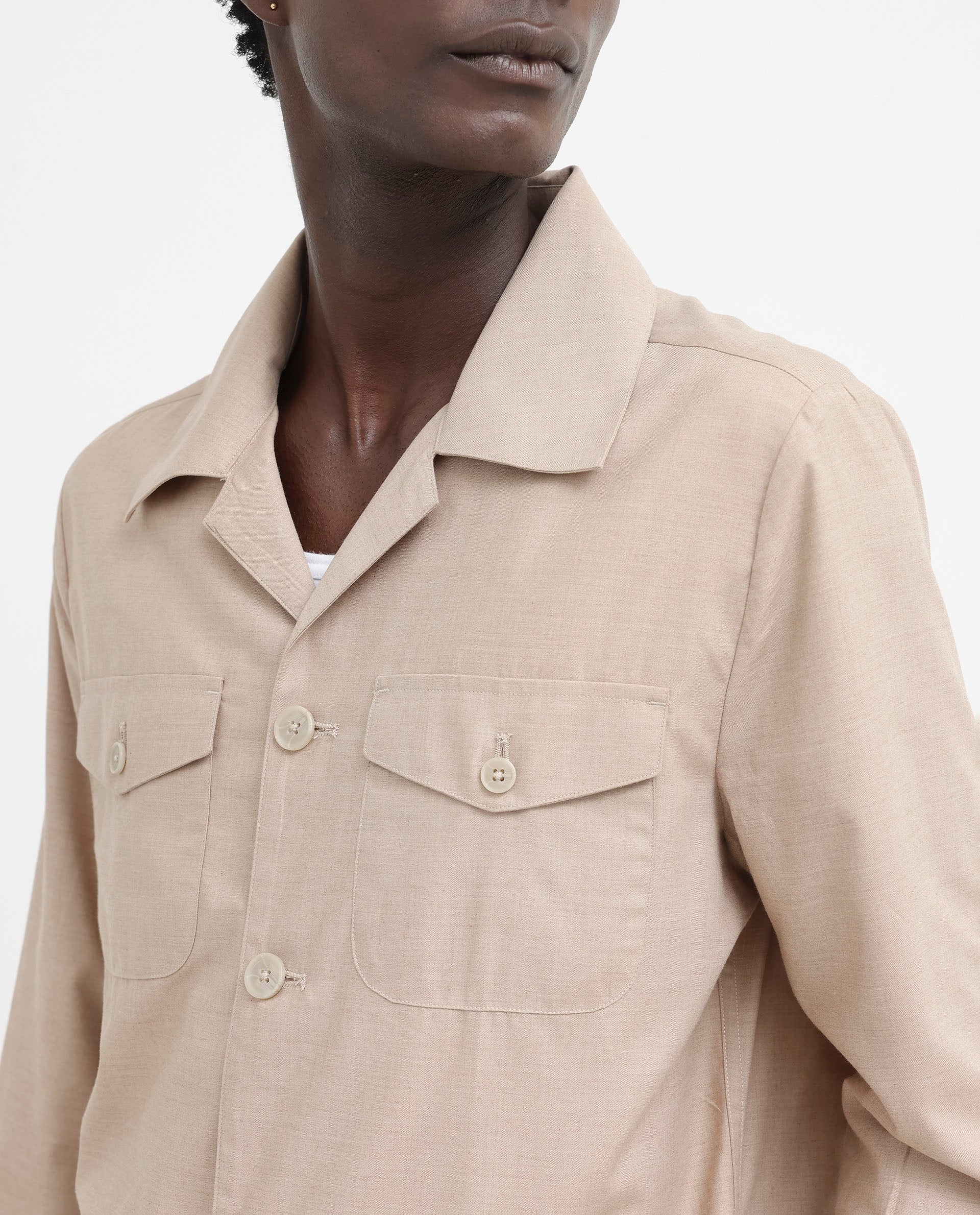 Rare Rabbit Mens Echos Beige Full Sleeve Collared Neck Two Flap Pocket Solid Jacket