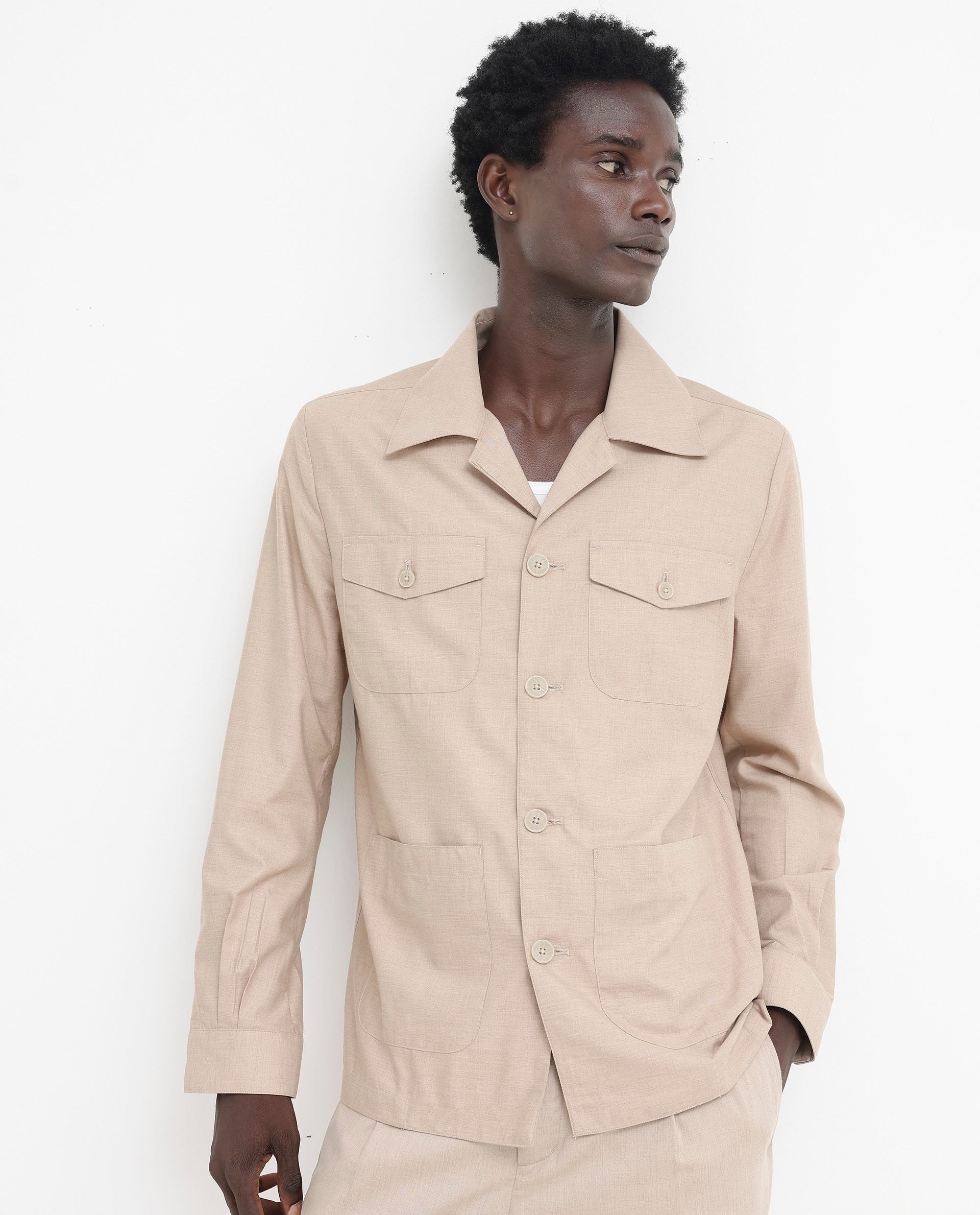 Rare Rabbit Mens Echos Beige Full Sleeve Collared Neck Two Flap Pocket Solid Jacket