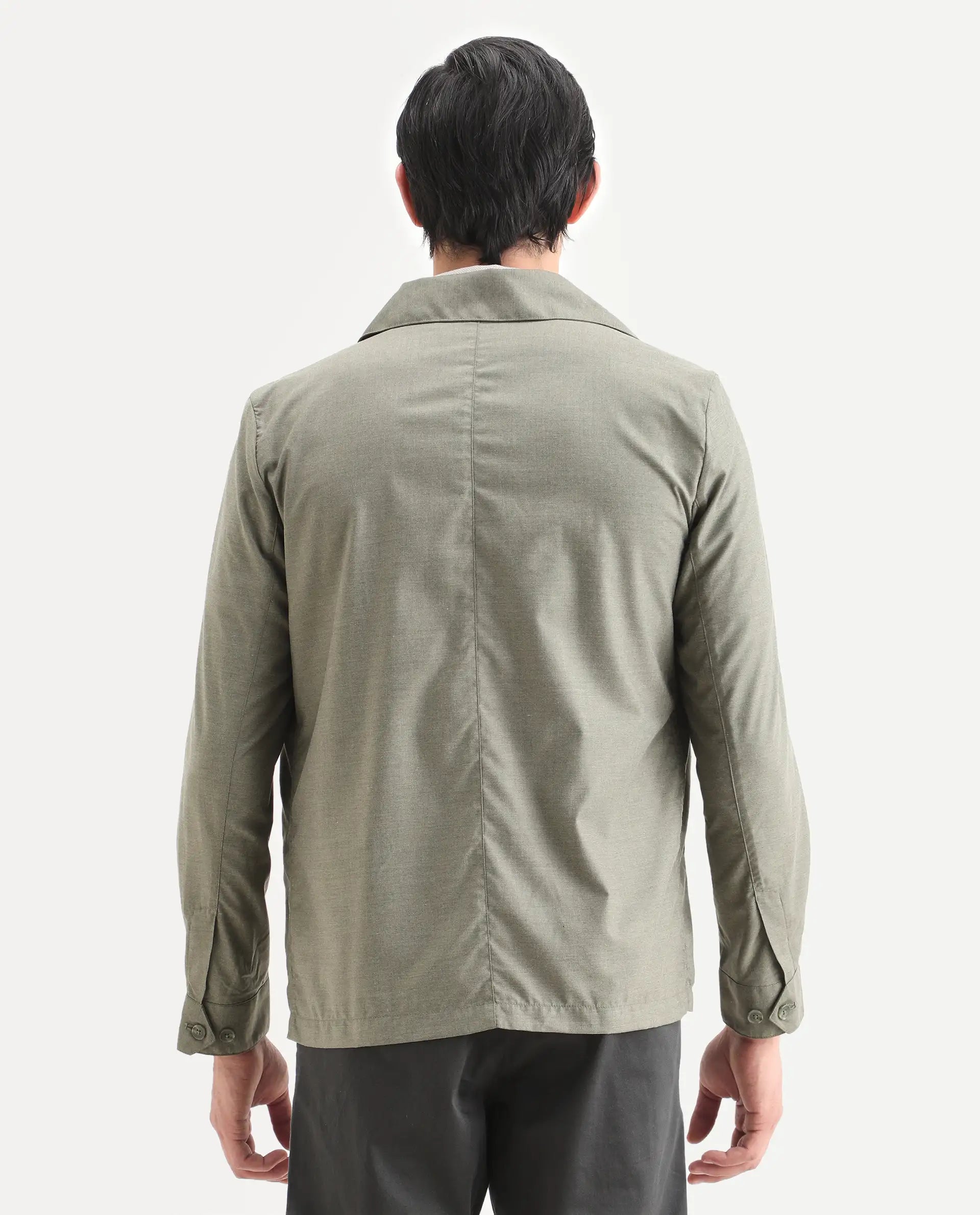 Rare Rabbit Men's Echos Light Olive Cotton Plain Relaxed Fit Full Sleeve Lapel Neck Jacket