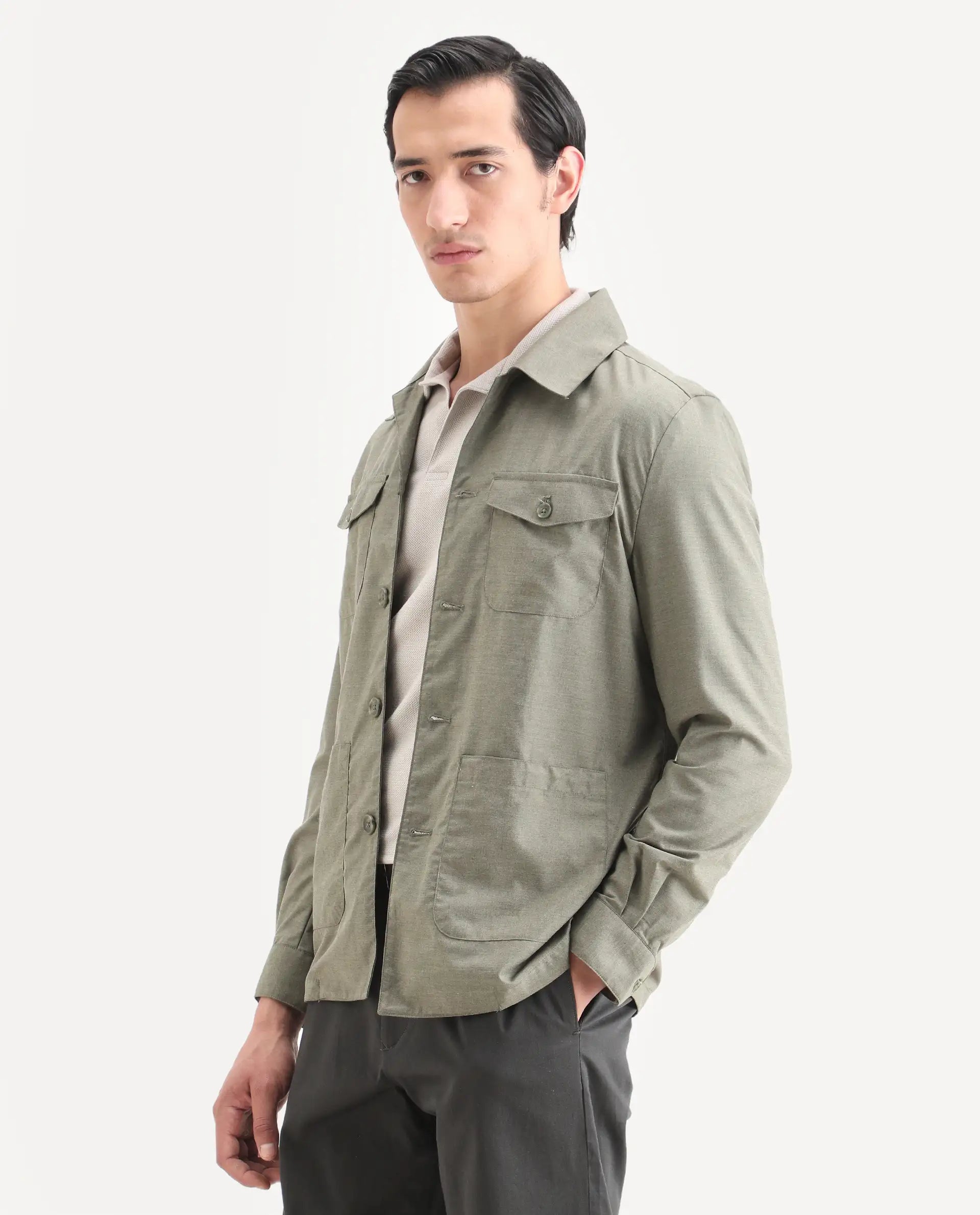 Rare Rabbit Men's Echos Light Olive Cotton Plain Relaxed Fit Full Sleeve Lapel Neck Jacket