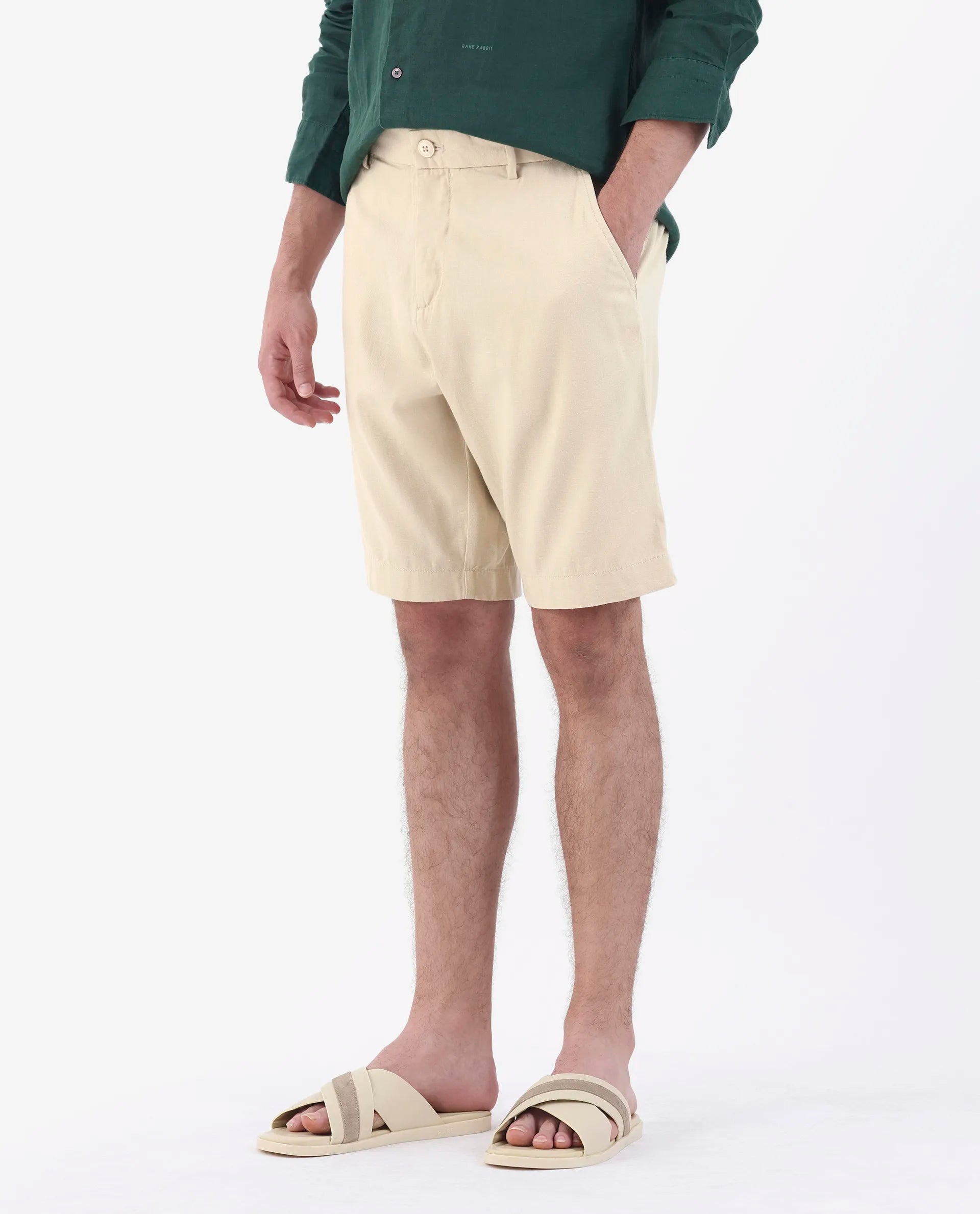 Rare Rabbit Men's Edam Beige Linen Blend Plain Relaxed Fit Shorts