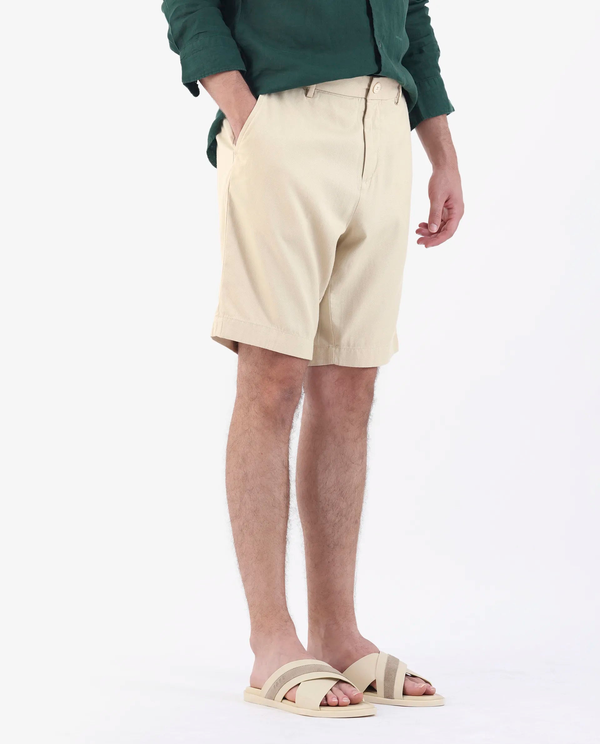 Rare Rabbit Men's Edam Beige Linen Blend Plain Relaxed Fit Shorts