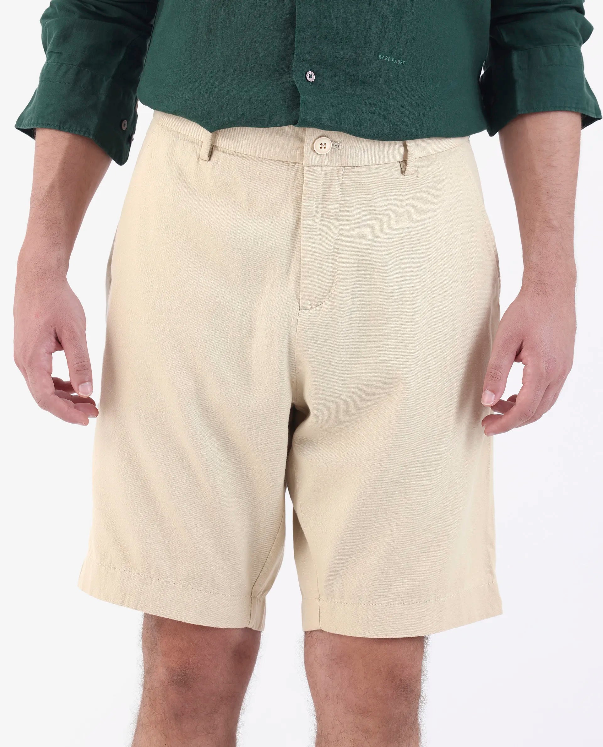 Rare Rabbit Men's Edam Beige Linen Blend Plain Relaxed Fit Shorts