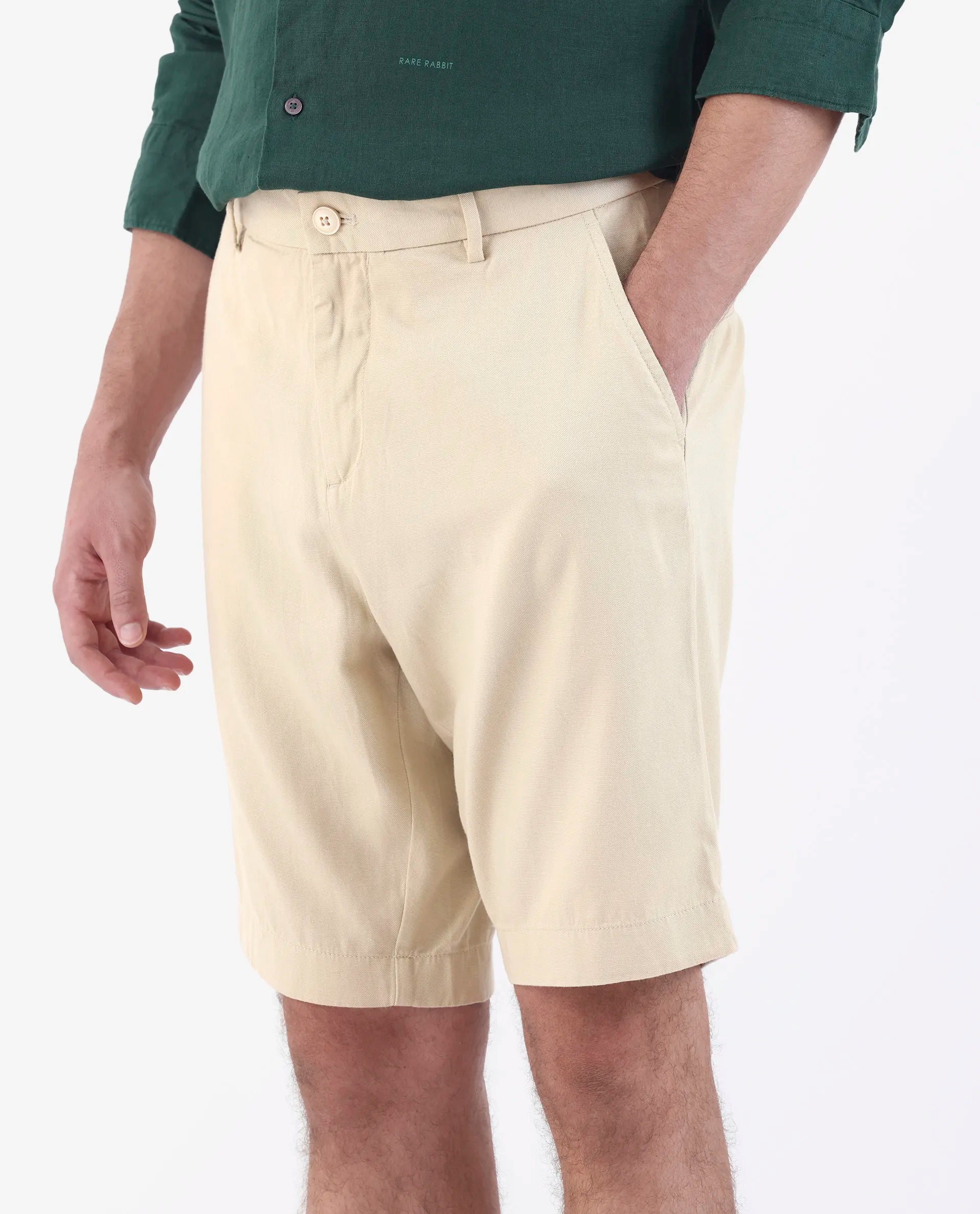 Rare Rabbit Men's Edam Beige Linen Blend Plain Relaxed Fit Shorts