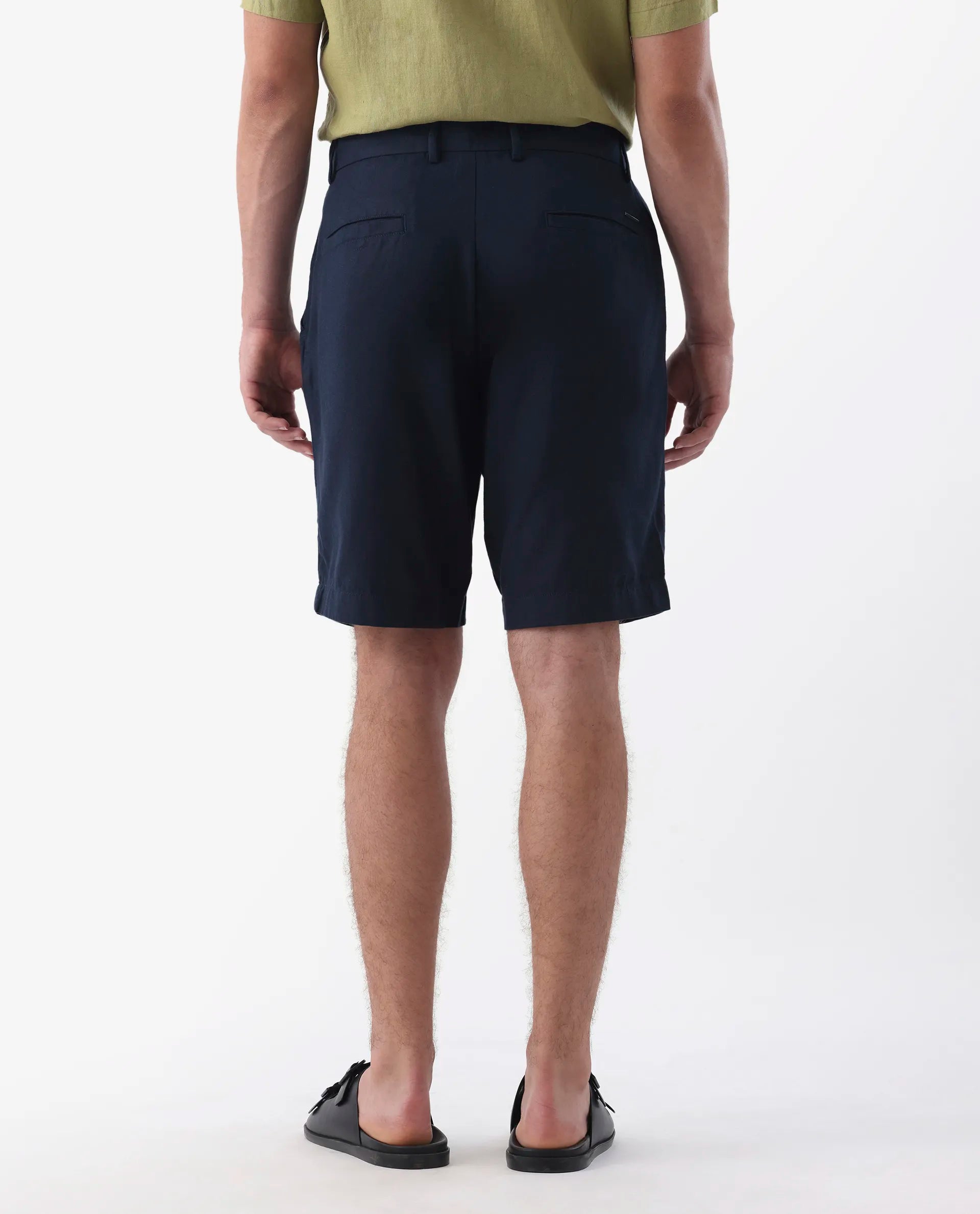 Rare Rabbit Men's Edam Navy Linen Blend Plain Relaxed Fit Shorts
