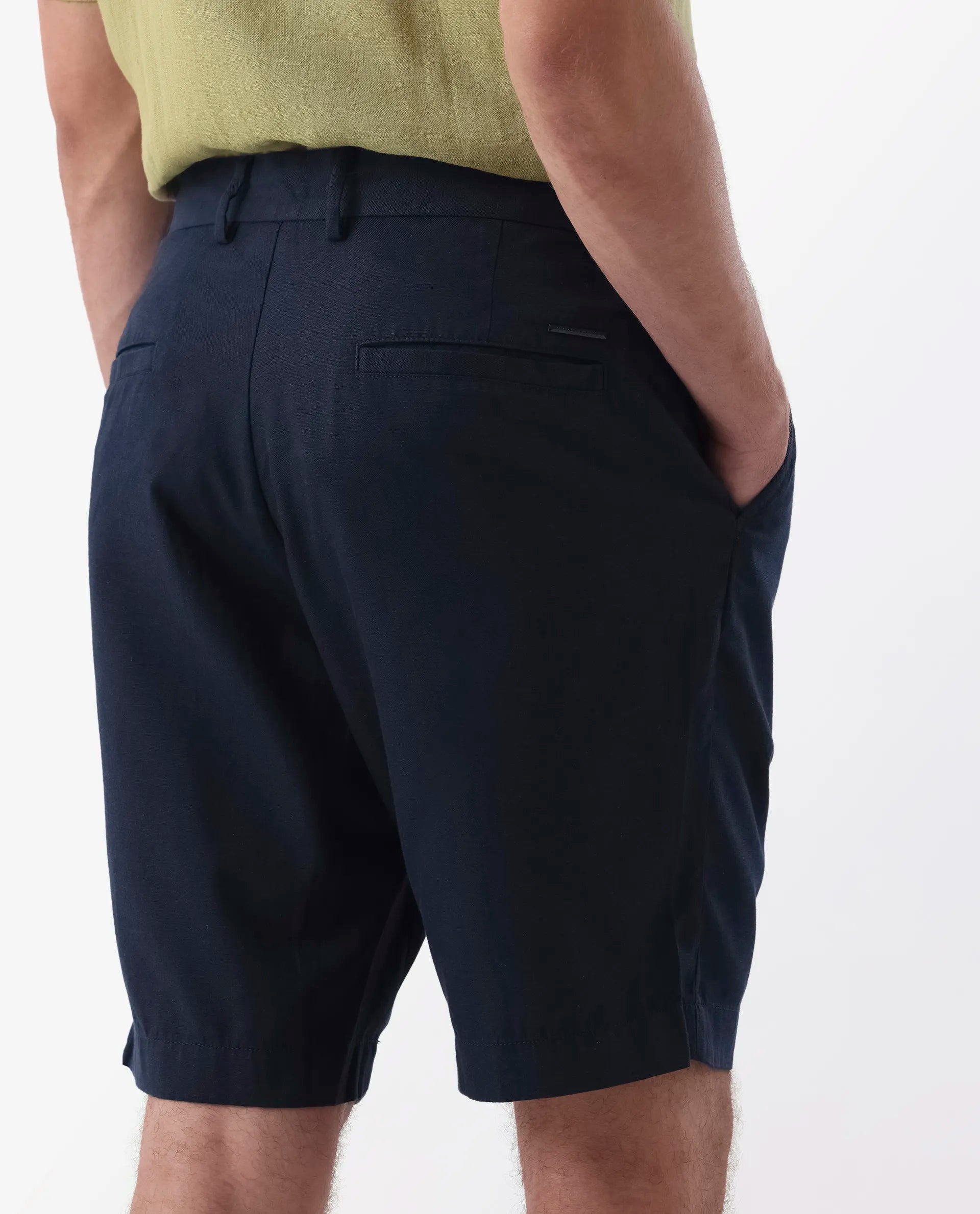 Rare Rabbit Men's Edam Navy Linen Blend Plain Relaxed Fit Shorts