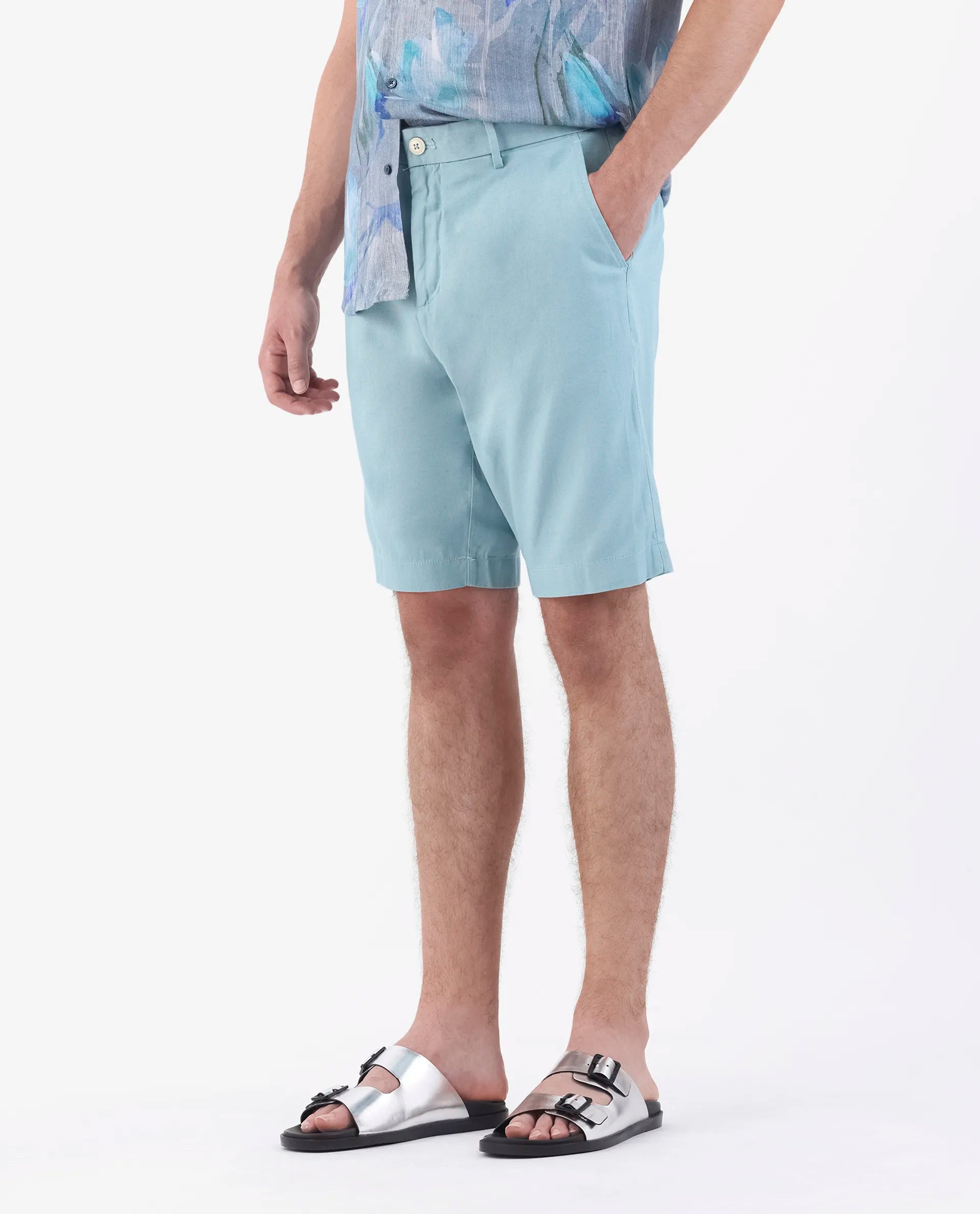 Rare Rabbit Men's Edam Turq Linen Blend Plain Relaxed Fit Shorts
