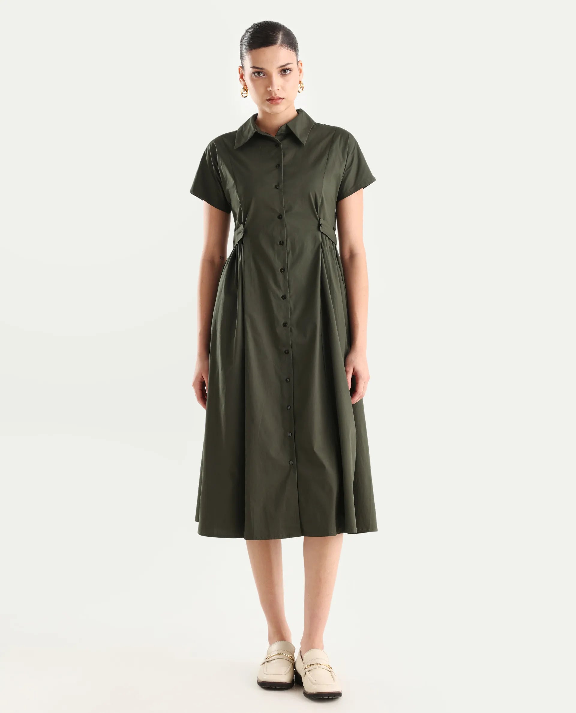 Rareism Women's Eddl Olive Cotton Blend Drop Collar Plain Midi Fit And Flare Dress