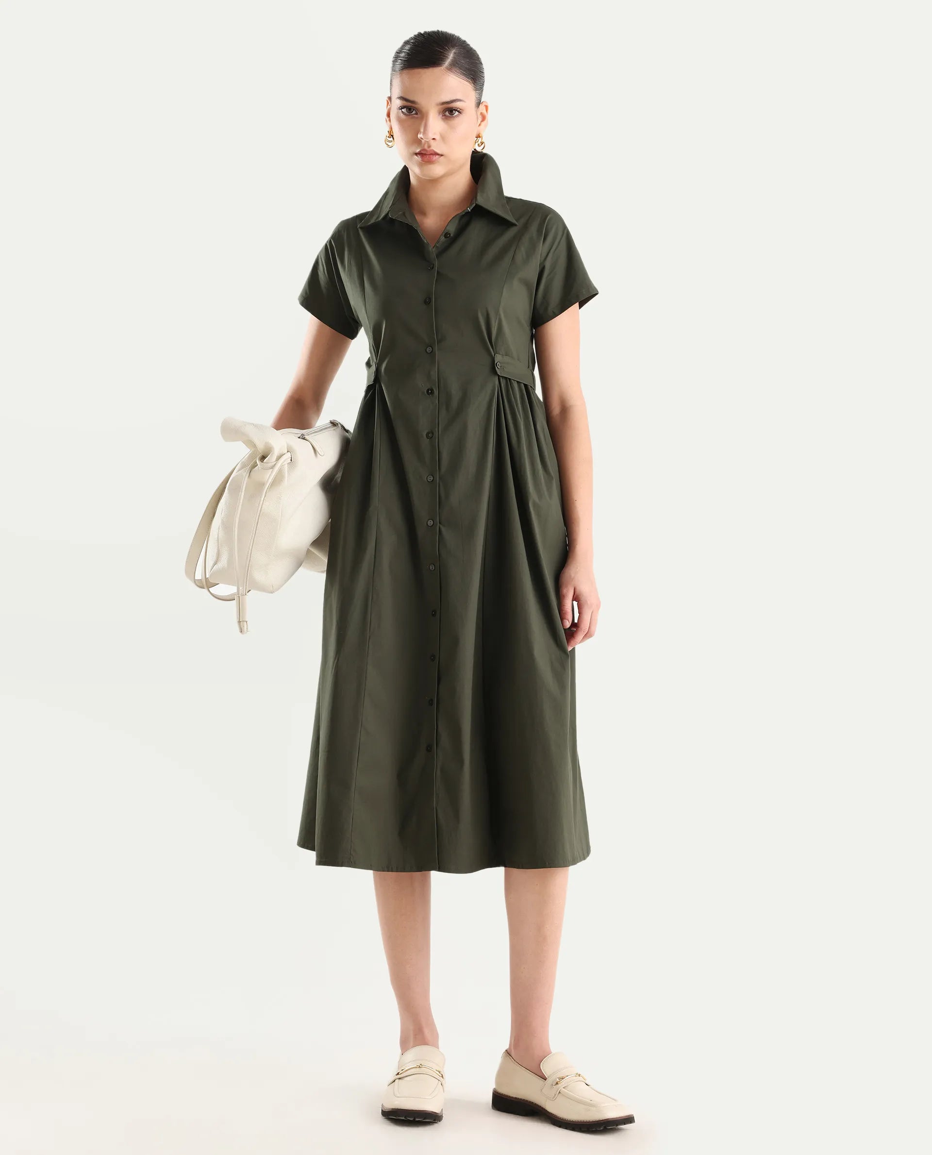 Rareism Women's Eddl Olive Cotton Blend Drop Collar Plain Midi Fit And Flare Dress