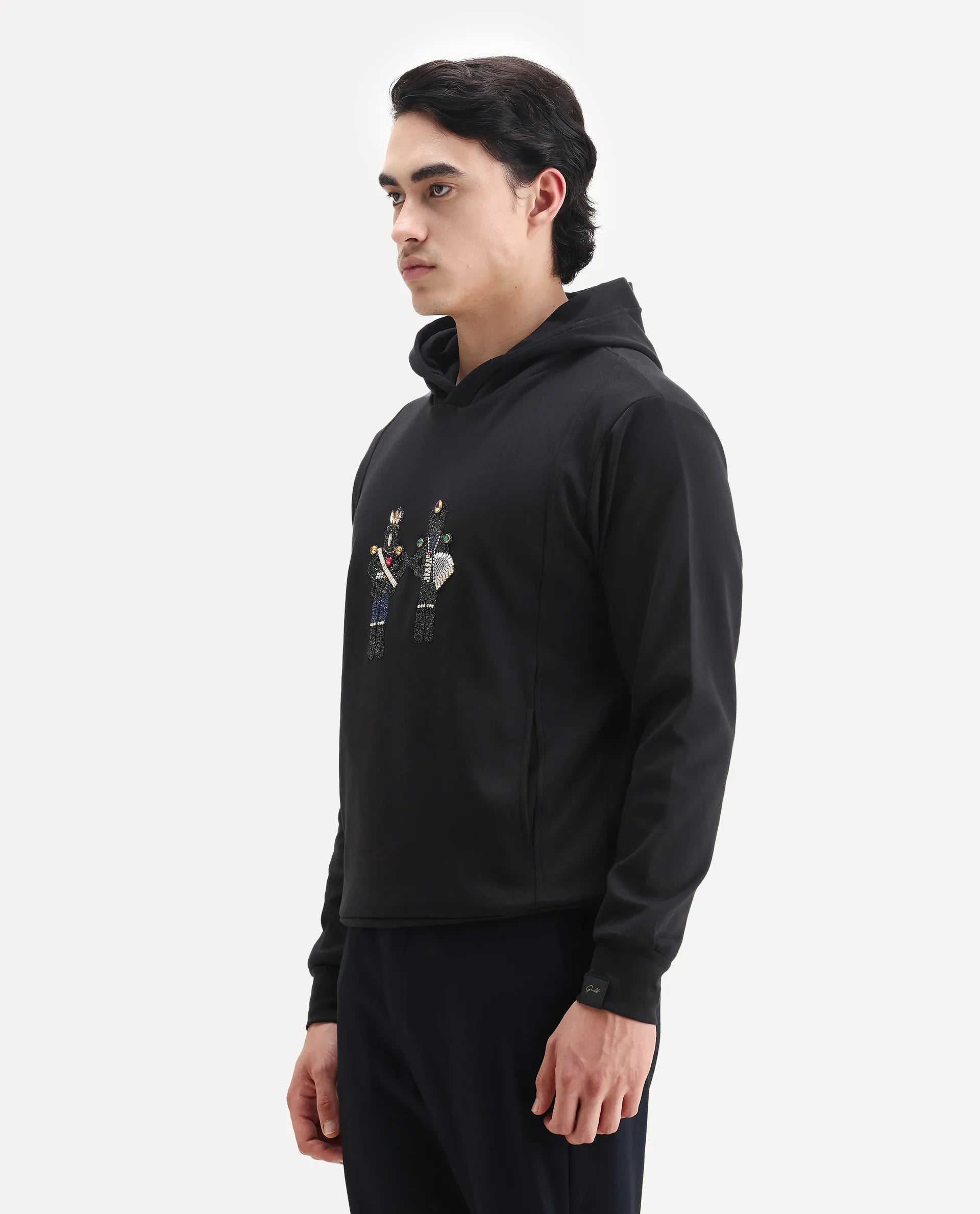 Rare Rabbit Men's Eddy Black Cotton Blend Gemstone Artwork Regular Fit Full Sleeve Hooded Sweatshirt