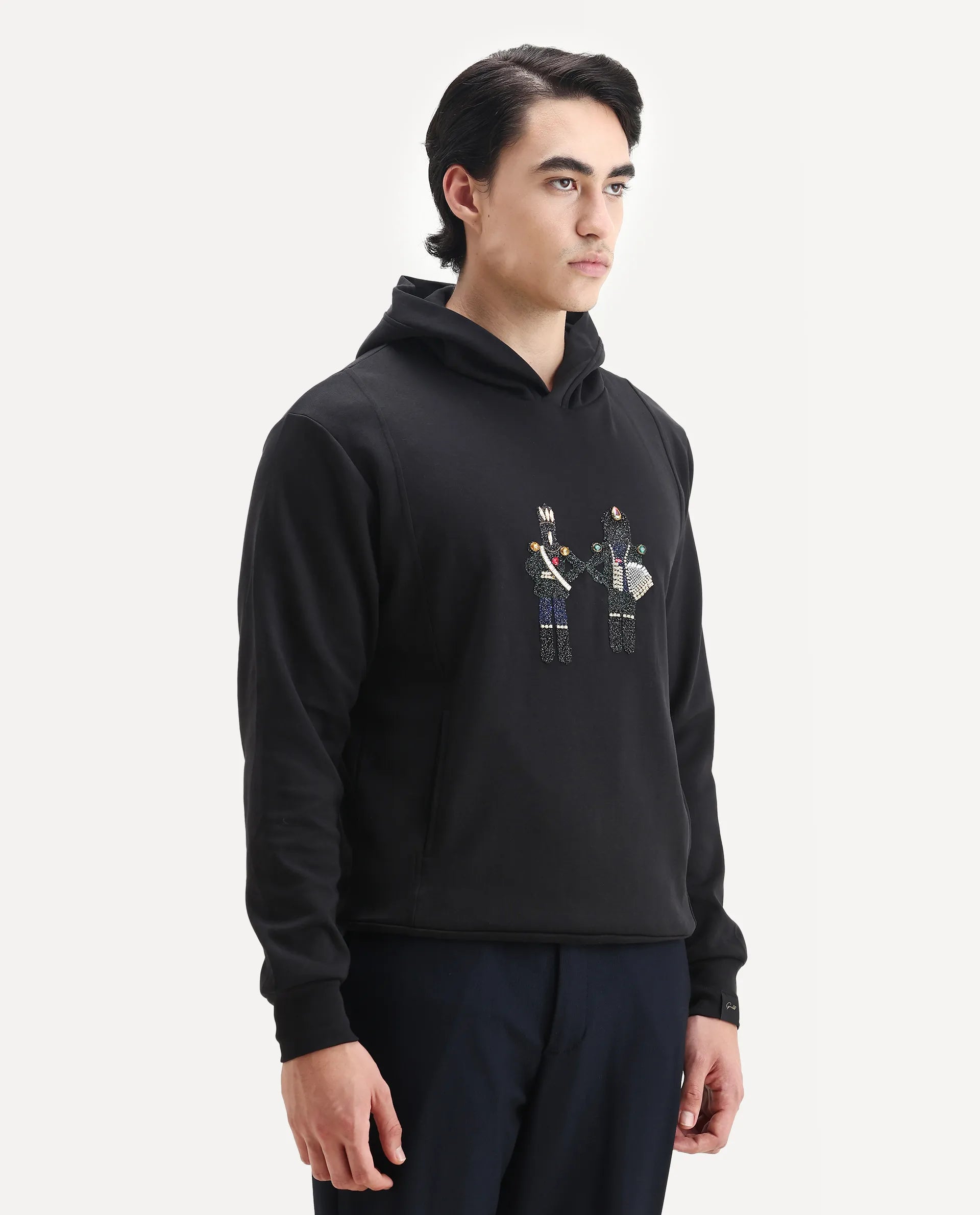 Rare Rabbit Men's Eddy Black Cotton Blend Gemstone Artwork Regular Fit Full Sleeve Hooded Sweatshirt