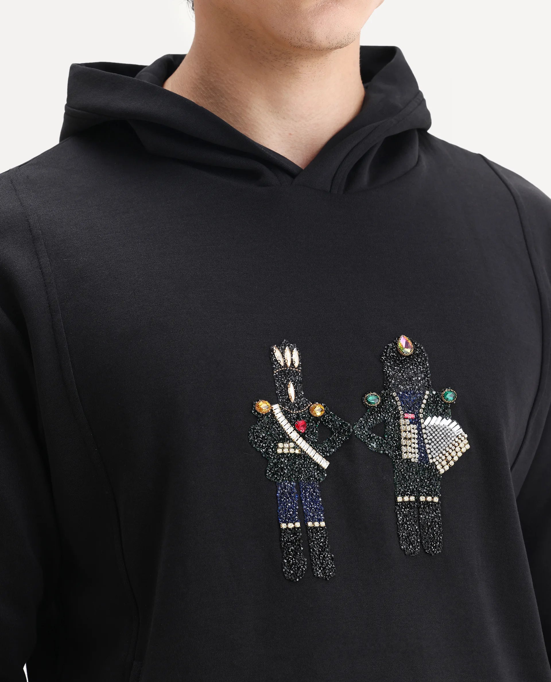 Rare Rabbit Men's Eddy Black Cotton Blend Gemstone Artwork Regular Fit Full Sleeve Hooded Sweatshirt