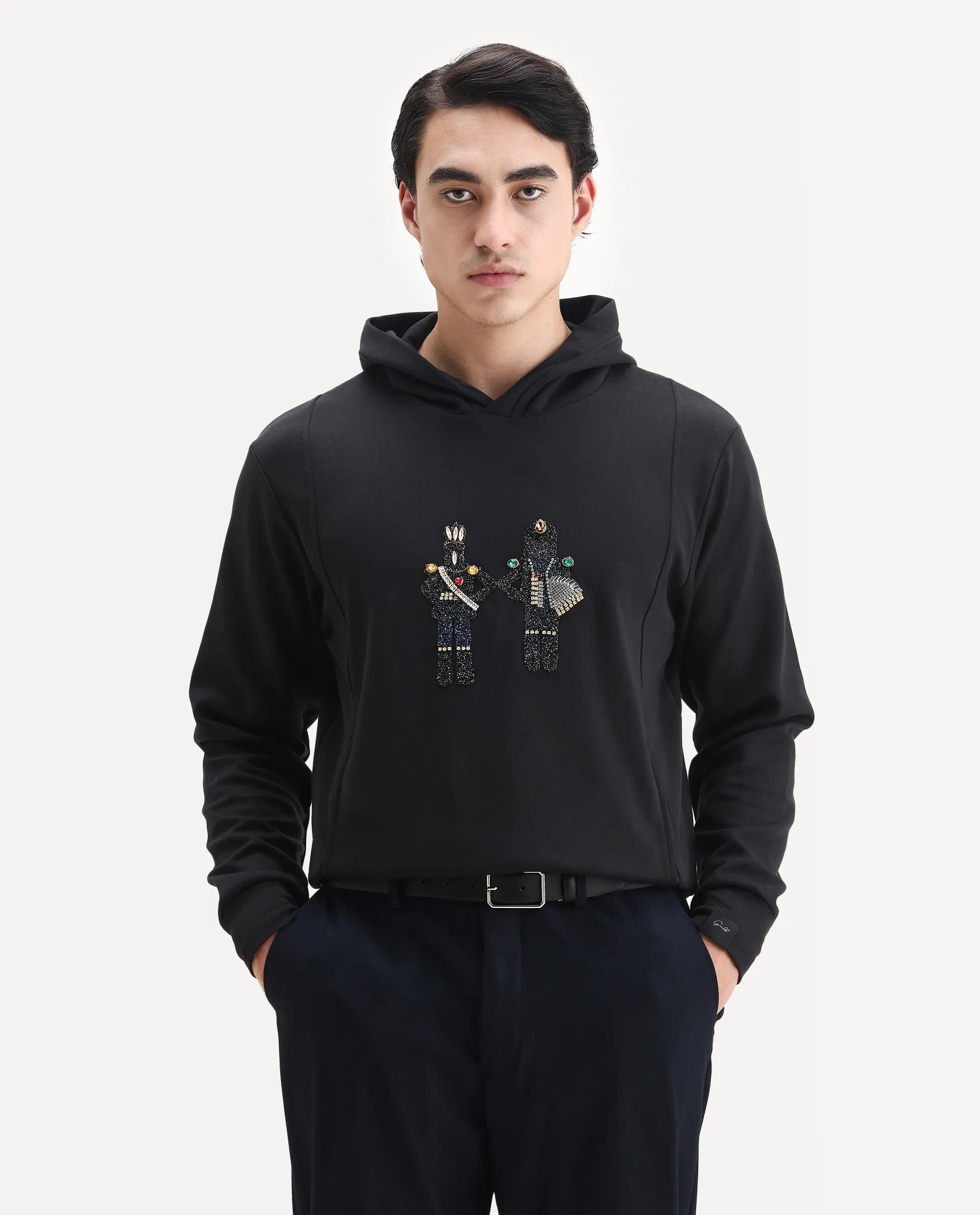 Rare Rabbit Men's Eddy Black Cotton Blend Gemstone Artwork Regular Fit Full Sleeve Hooded Sweatshirt