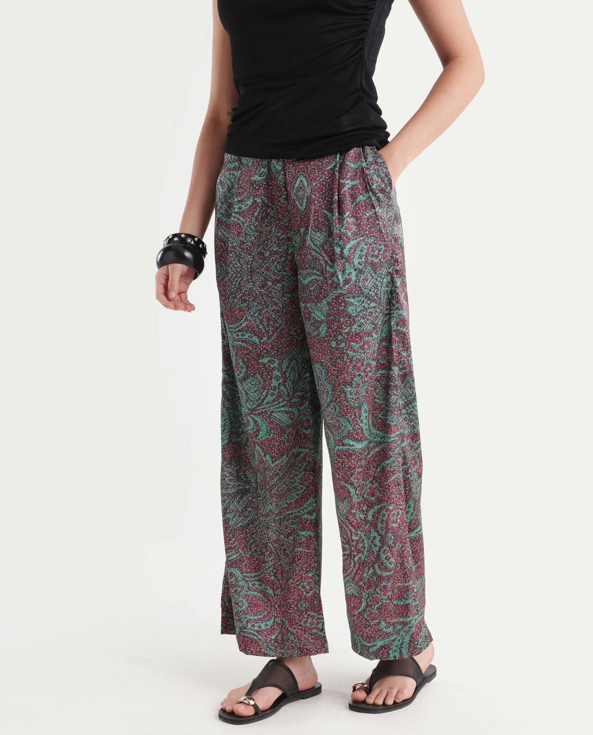 Rareism Women's Edina Multi Satin Abstract Print Ankle Length Wide Trouser