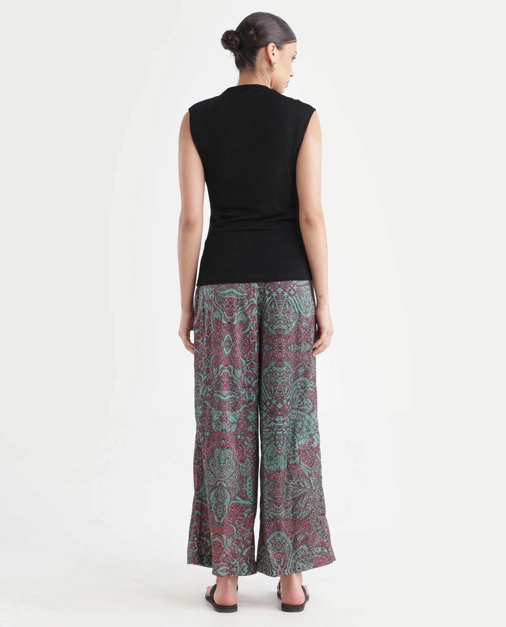 Rareism Women's Edina Multi Satin Abstract Print Ankle Length Wide Trouser