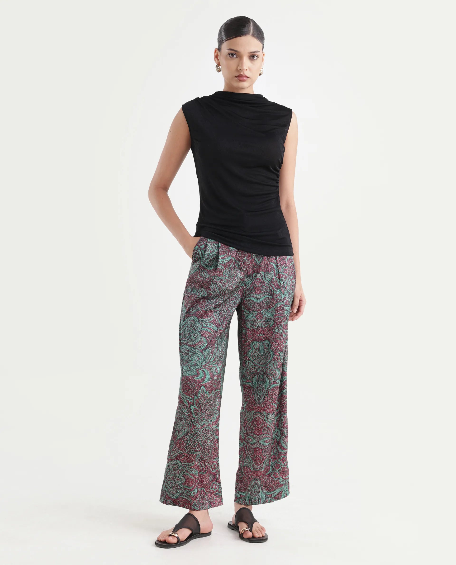 Rareism Women's Edina Multi Satin Abstract Print Ankle Length Wide Trouser