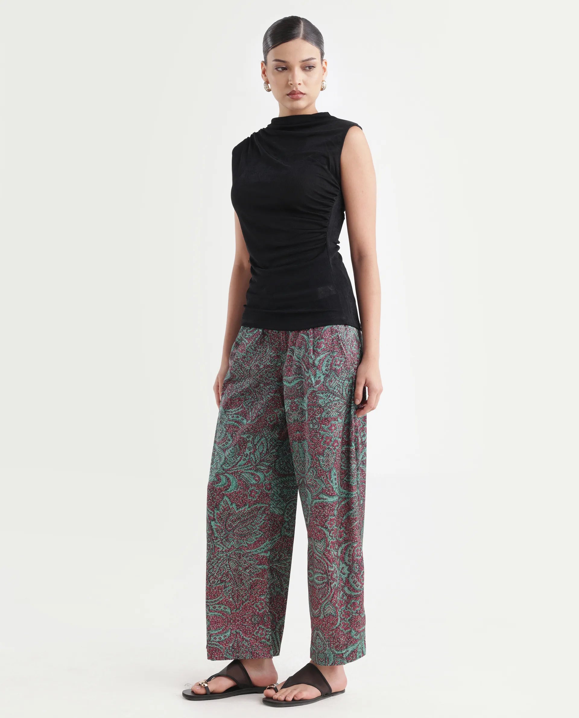 Rareism Women's Edina Multi Satin Abstract Print Ankle Length Wide Trouser