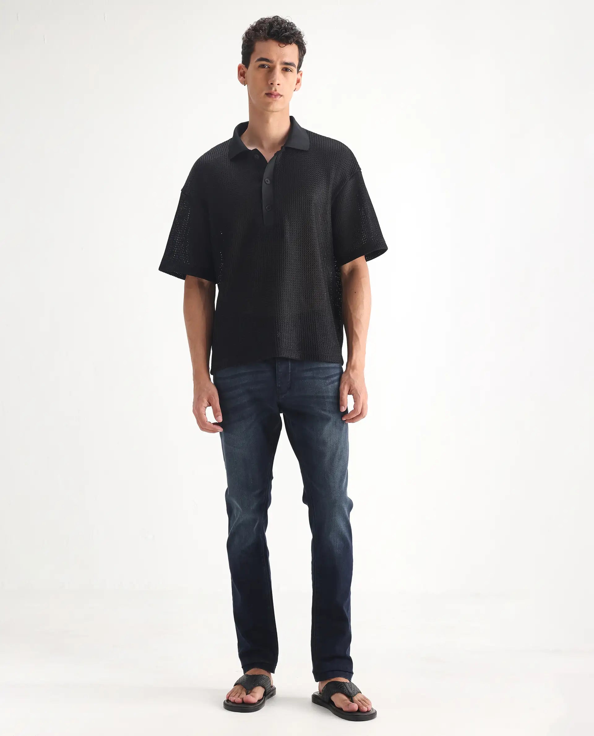 Rare Rabbit Men's Edin Blue Cotton Plain Hawk Slim Fit Jeans