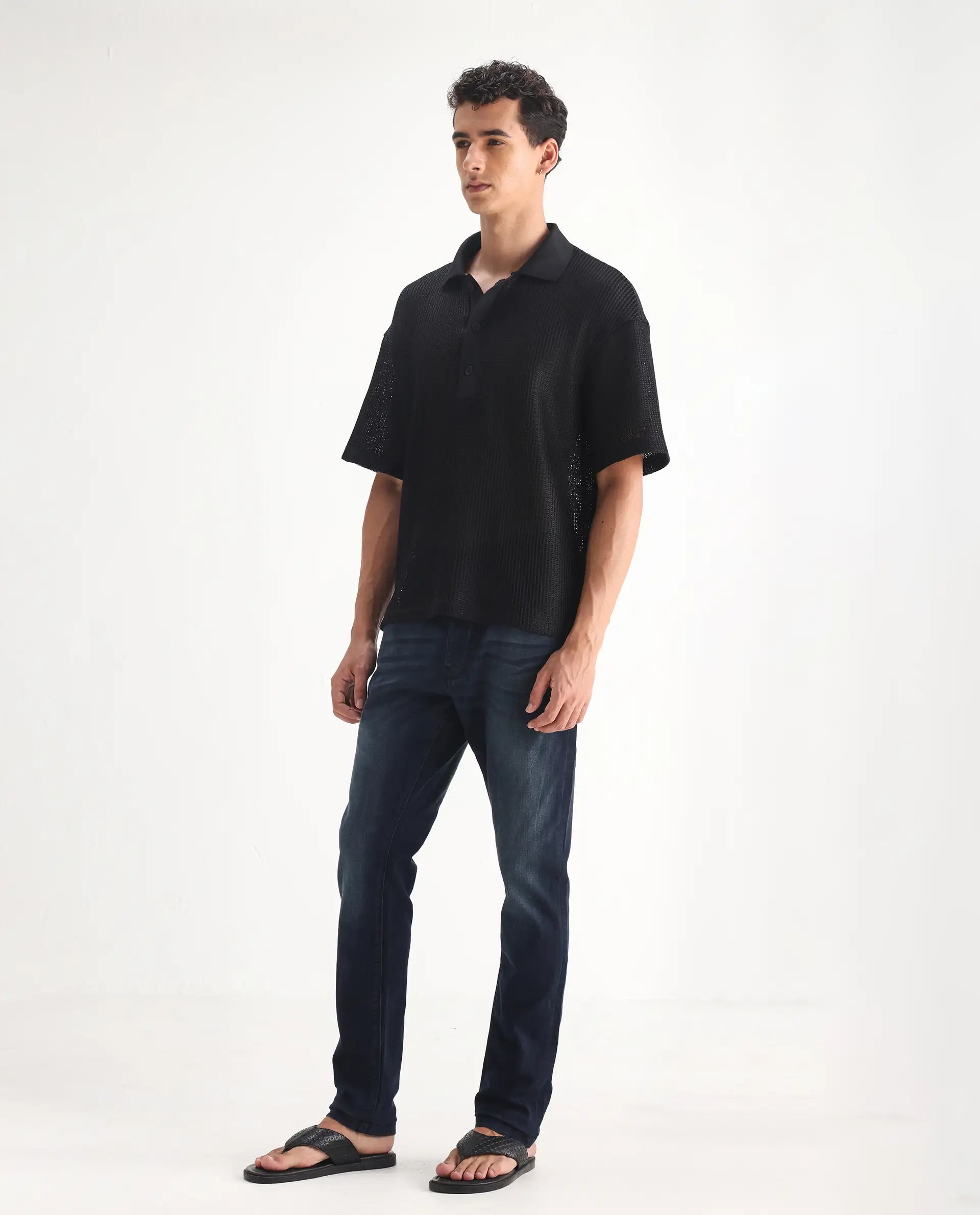 Rare Rabbit Men's Edin Blue Cotton Plain Hawk Slim Fit Jeans