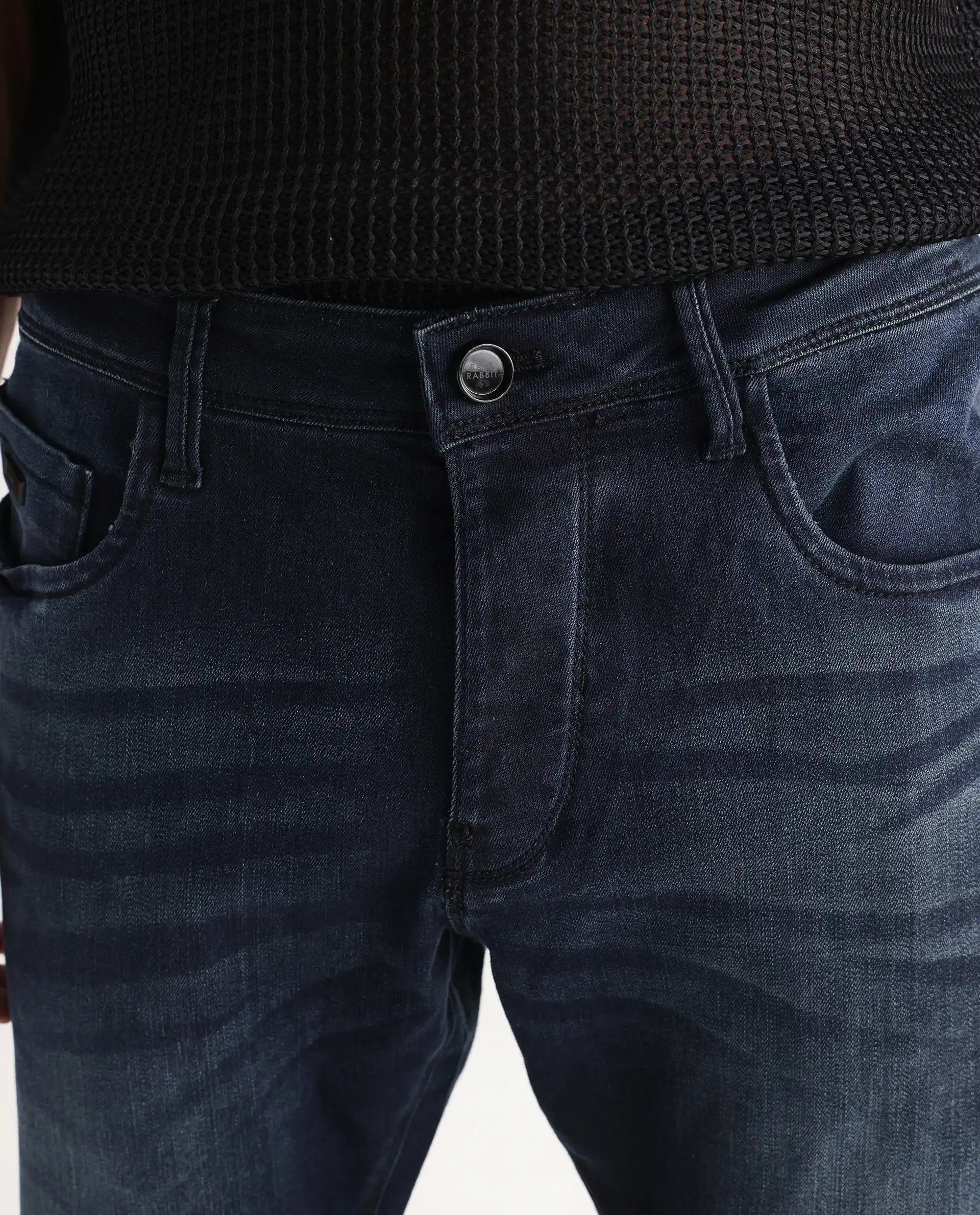 Rare Rabbit Men's Edin Blue Cotton Plain Hawk Slim Fit Jeans