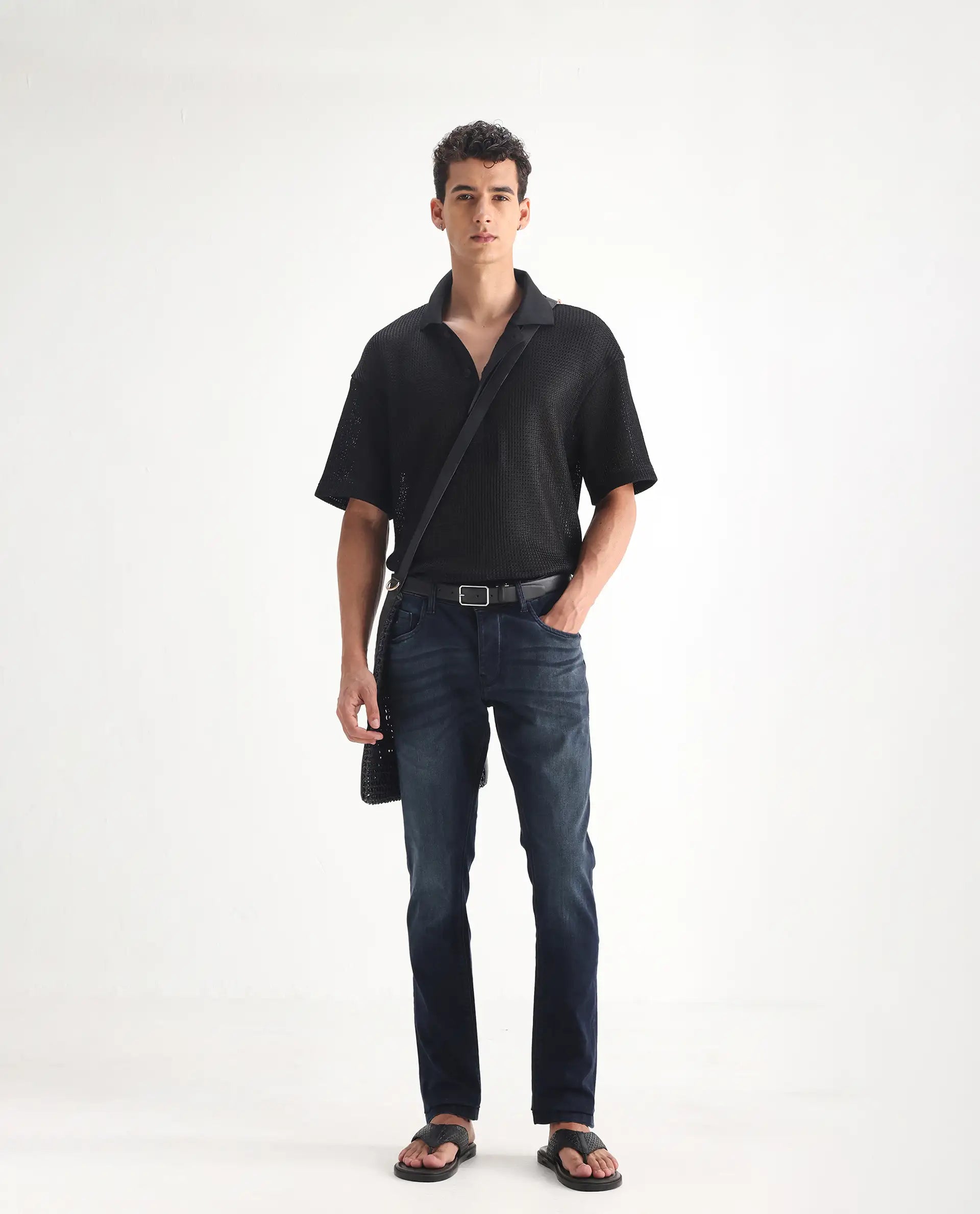 Rare Rabbit Men's Edin Blue Cotton Plain Hawk Slim Fit Jeans