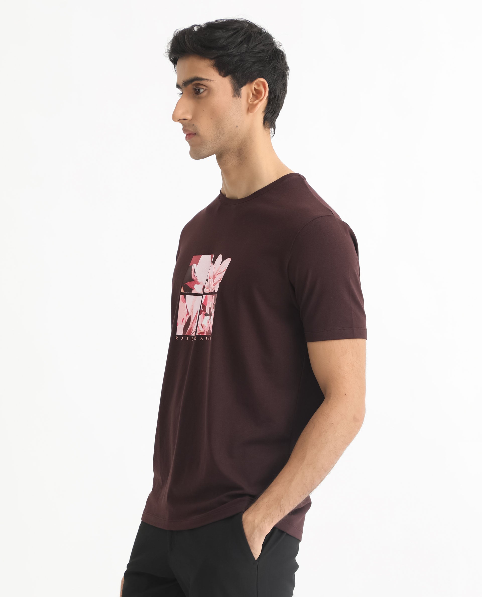 Rare Rabbit Men's Edis Maroon Crew Neck Floral Discharge Print Graphic Half Sleeves T-Shirt