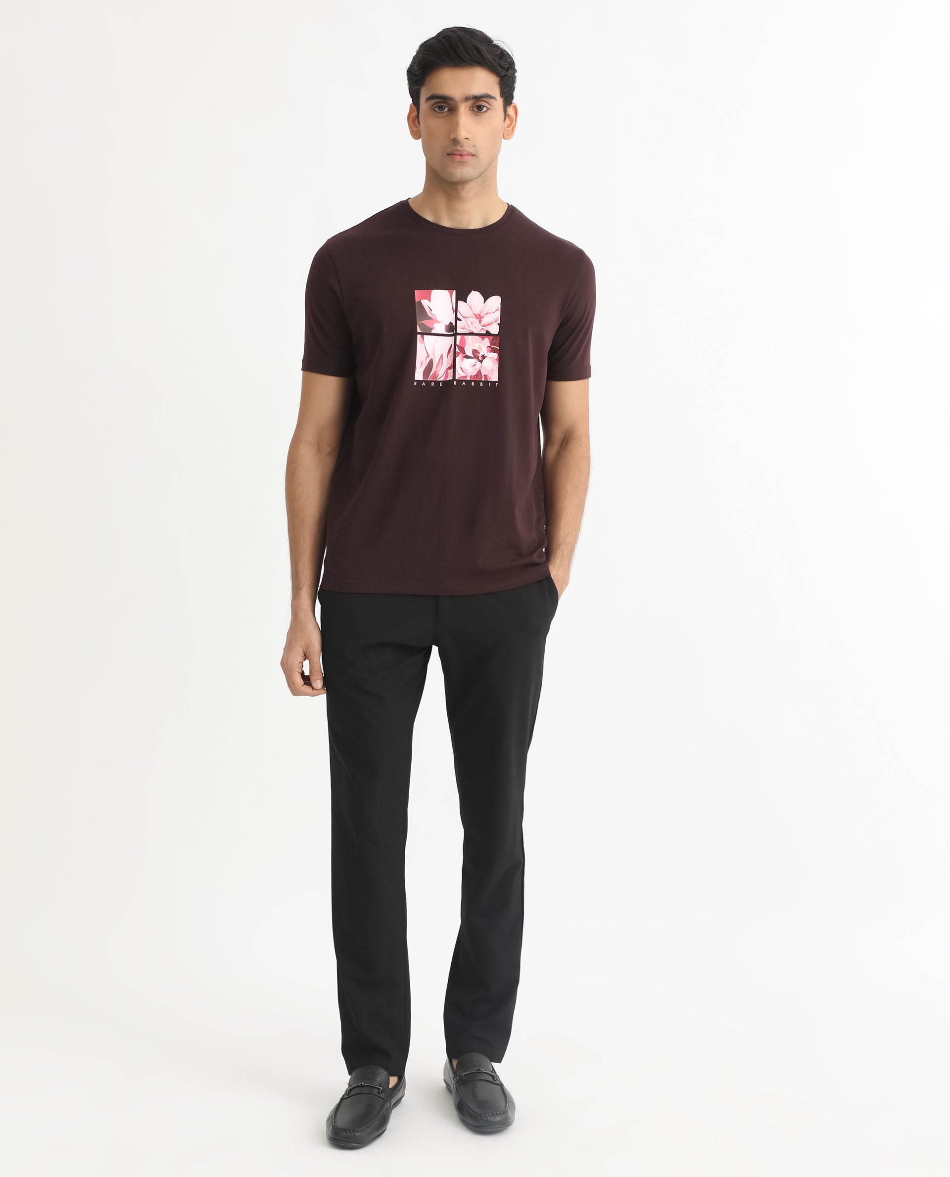 Rare Rabbit Men's Edis Maroon Crew Neck Floral Discharge Print Graphic Half Sleeves T-Shirt