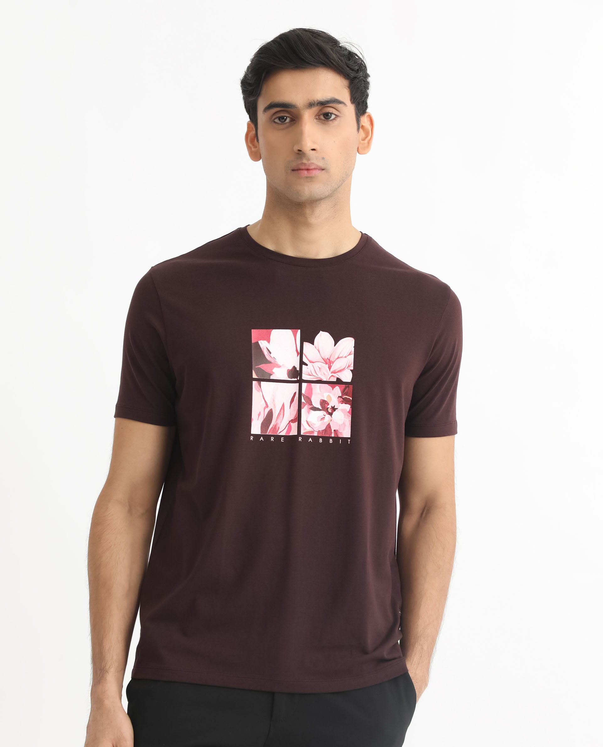 Rare Rabbit Men's Edis Maroon Crew Neck Floral Discharge Print Graphic Half Sleeves T-Shirt