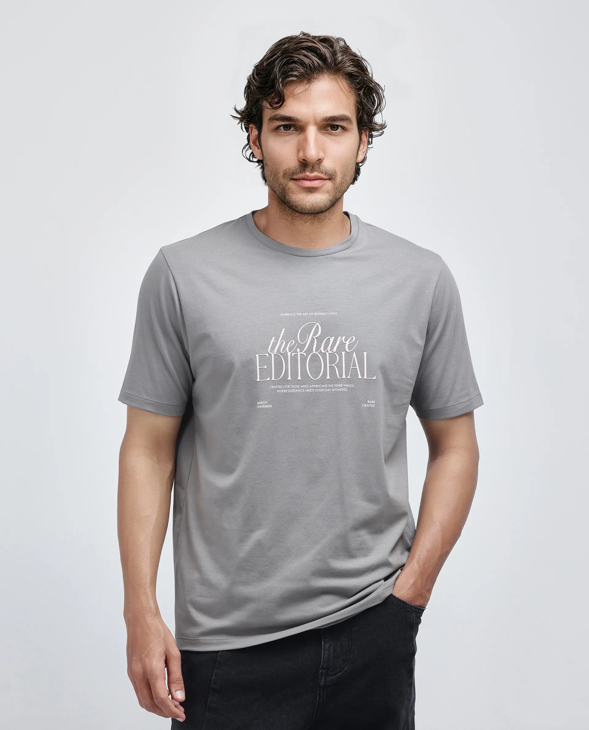 Rare Rabbit Men Edit Dusky Grey Cotton Lycra Fabric Short Sleeve Crew Neck Graphic Print T-Shirt