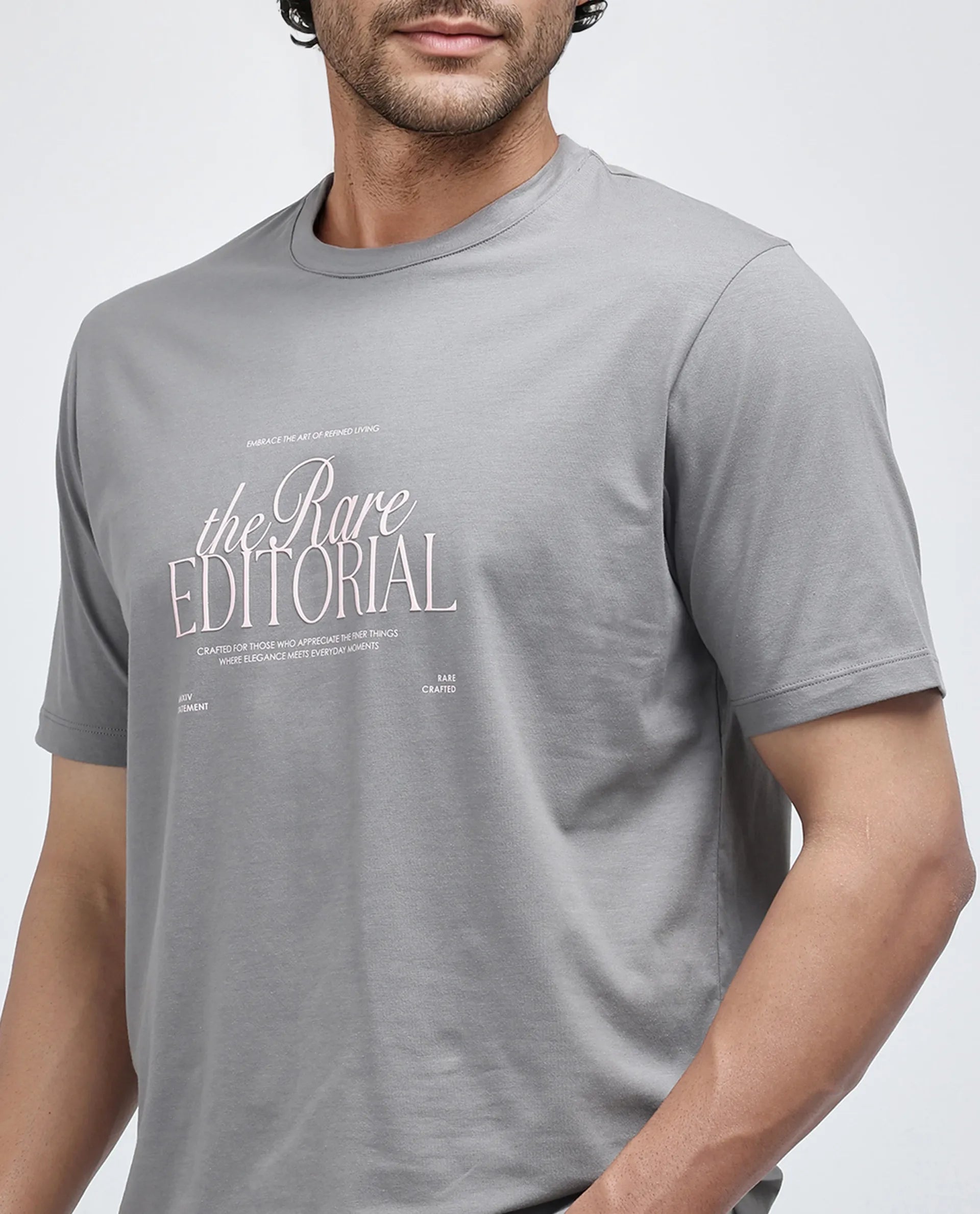 Rare Rabbit Men Edit Dusky Grey Cotton Lycra Fabric Short Sleeve Crew Neck Graphic Print T-Shirt