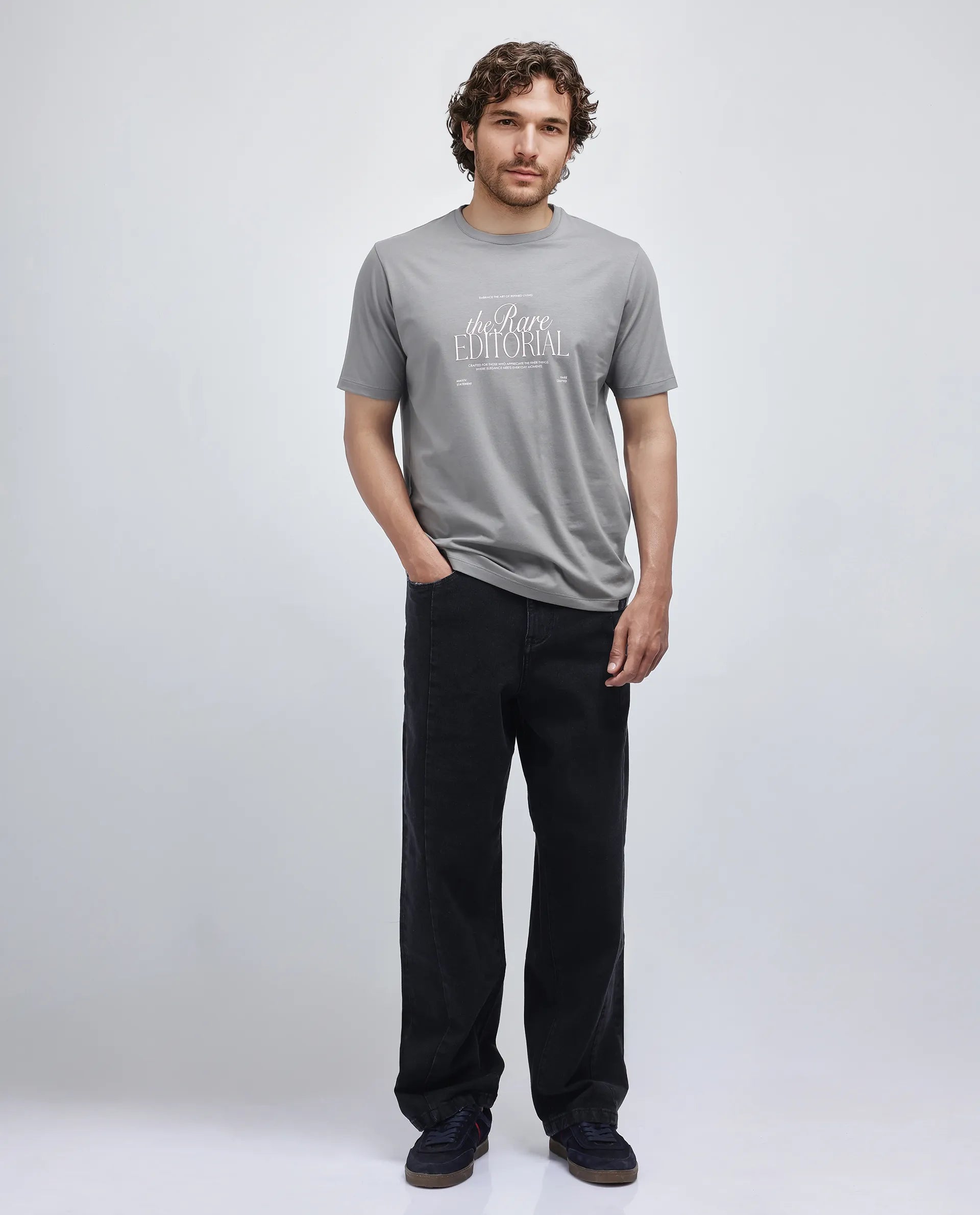 Rare Rabbit Men Edit Dusky Grey Cotton Lycra Fabric Short Sleeve Crew Neck Graphic Print T-Shirt