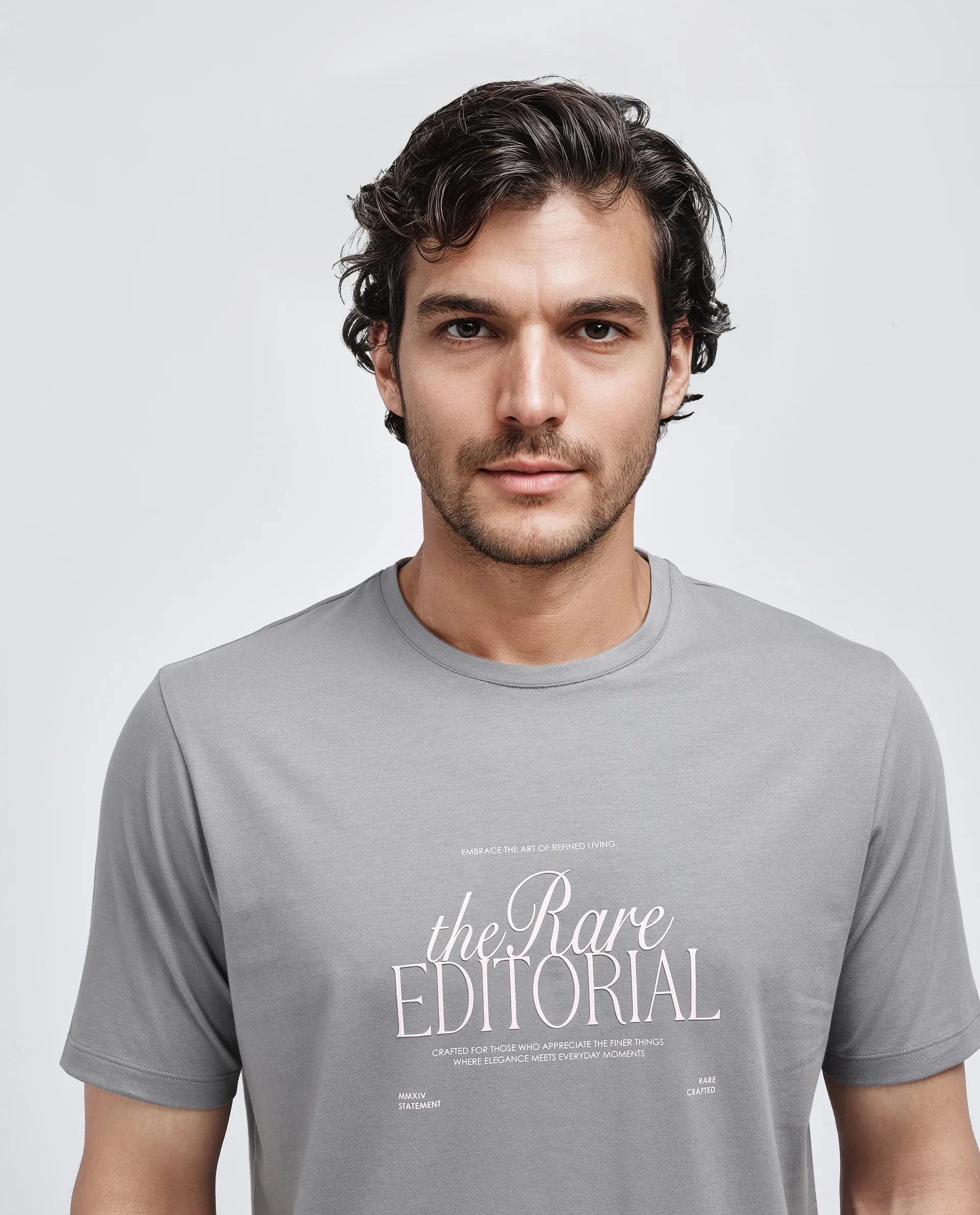 Rare Rabbit Men Edit Dusky Grey Cotton Lycra Fabric Short Sleeve Crew Neck Graphic Print T-Shirt