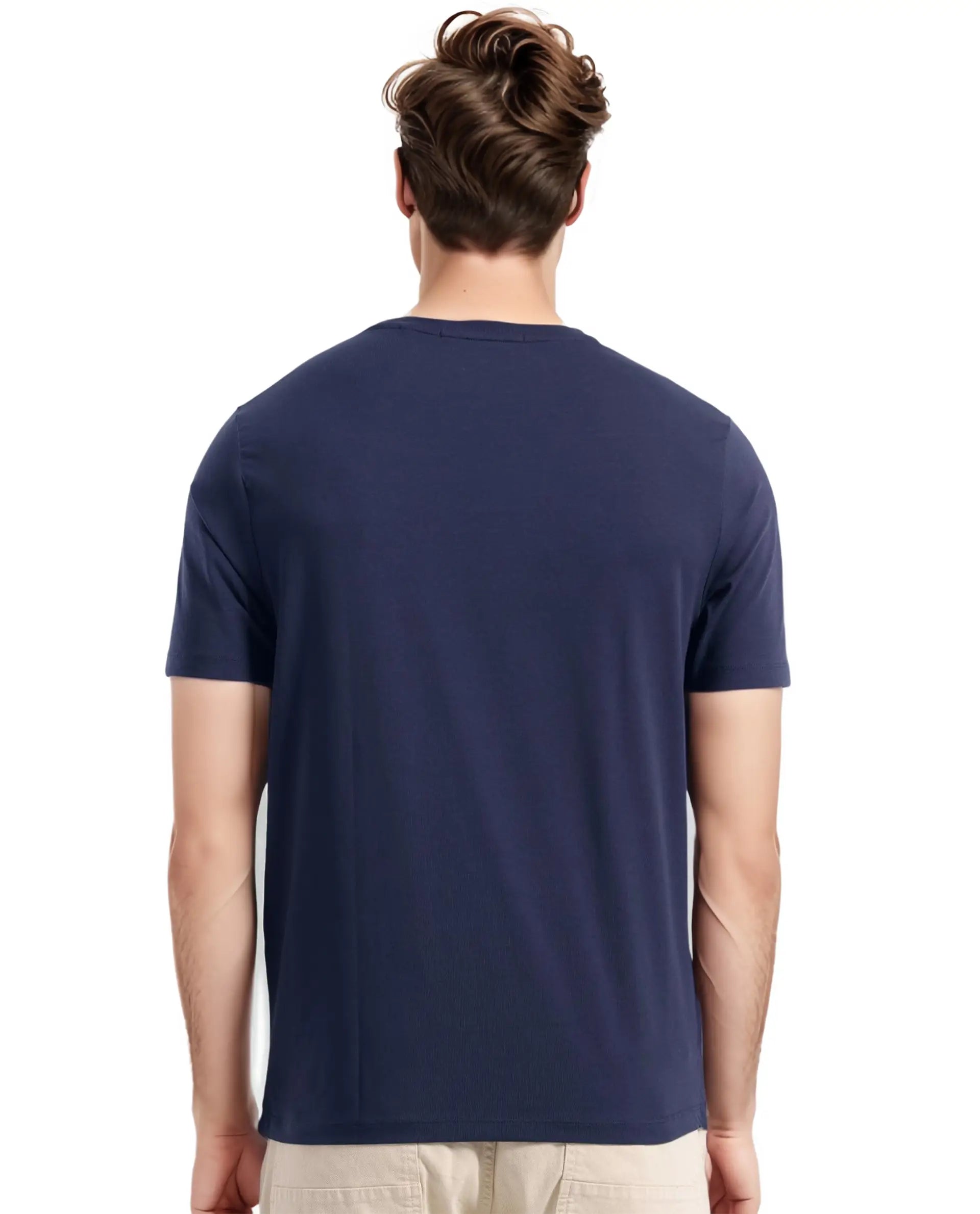 Rare Rabbit Men Edo Navy Cotton Fabric Short Sleeve Crew Neck HD Graphic Print T-Shirt