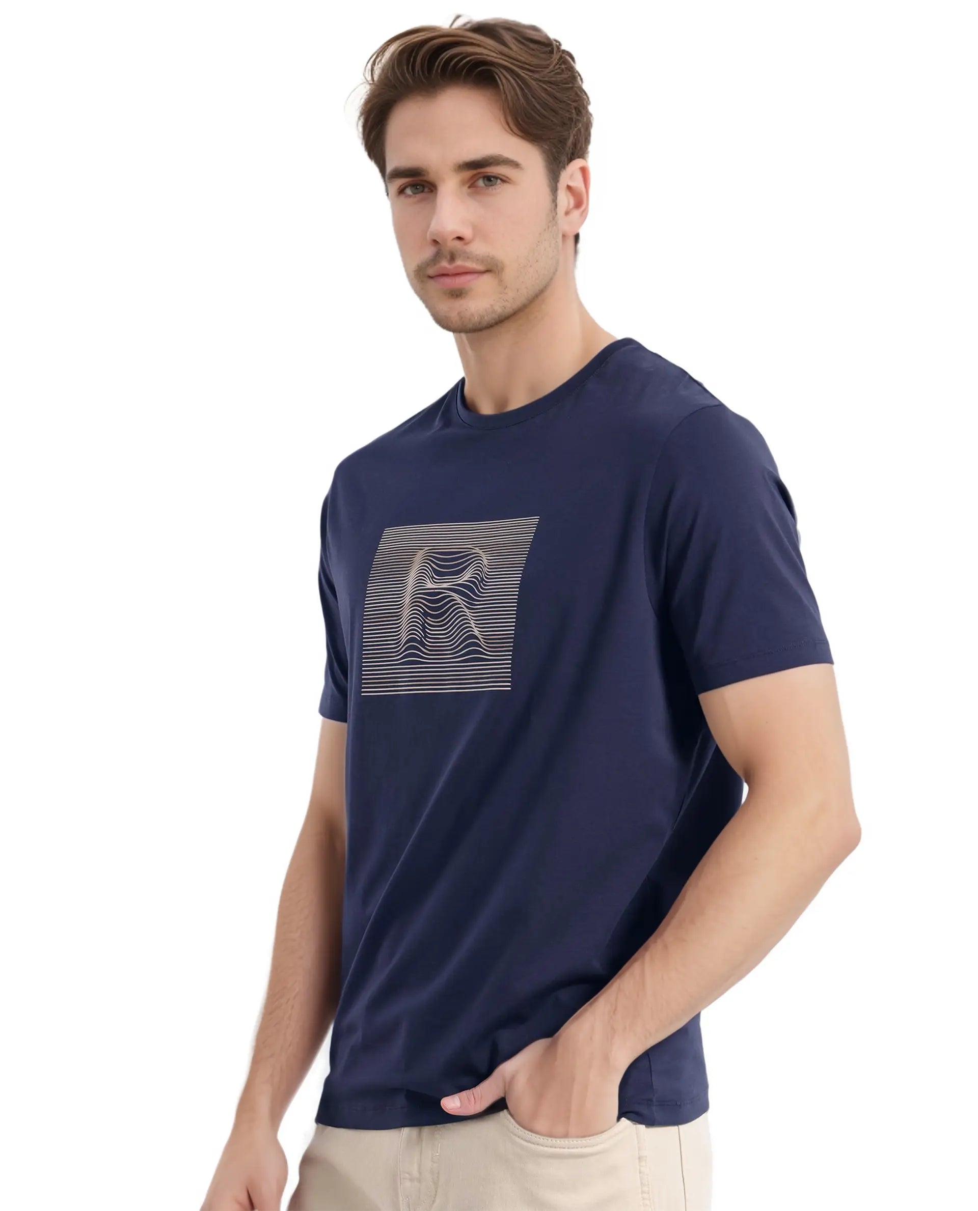 Rare Rabbit Men Edo Navy Cotton Fabric Short Sleeve Crew Neck HD Graphic Print T-Shirt