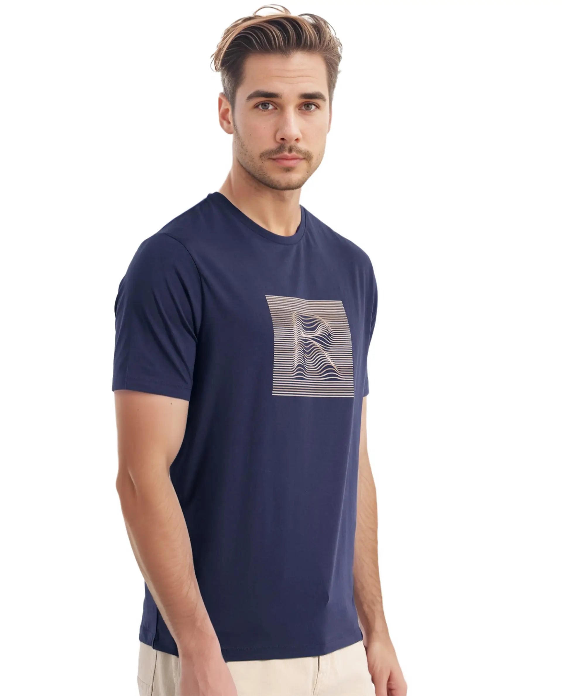 Rare Rabbit Men Edo Navy Cotton Fabric Short Sleeve Crew Neck HD Graphic Print T-Shirt