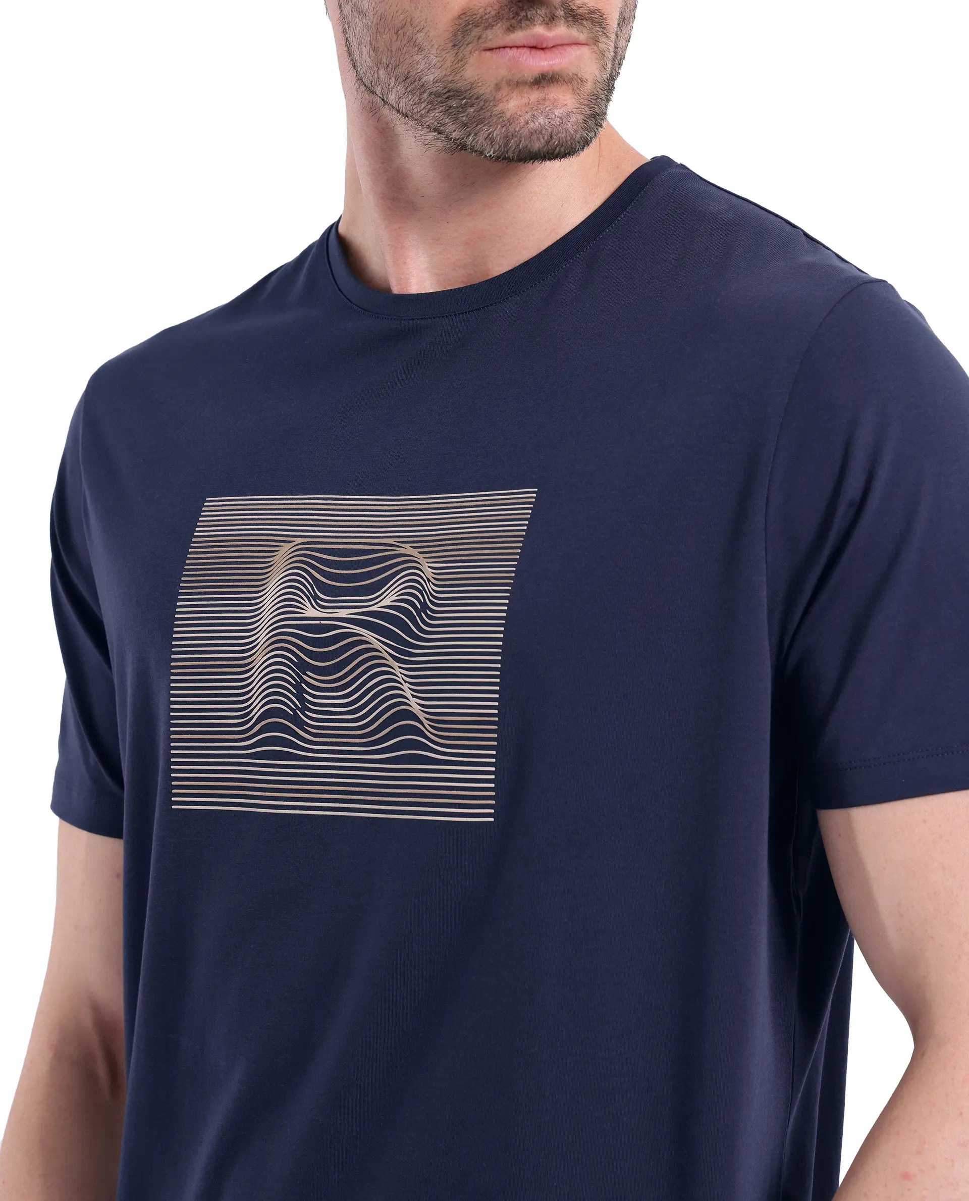 Rare Rabbit Men Edo Navy Cotton Fabric Short Sleeve Crew Neck HD Graphic Print T-Shirt