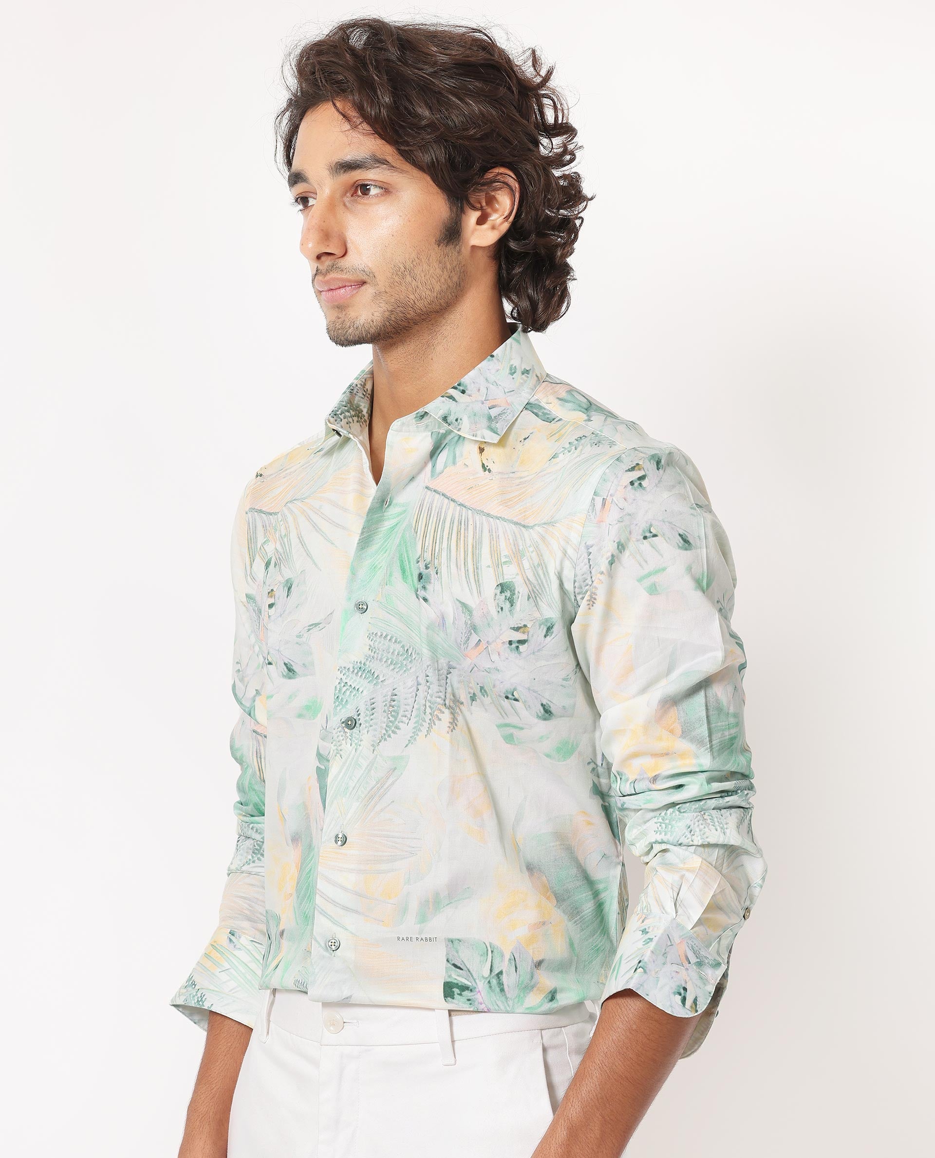 Rare Rabbit Men's Edros Off White Cotton Fabric Tropical Print Full Sleeves Shirt