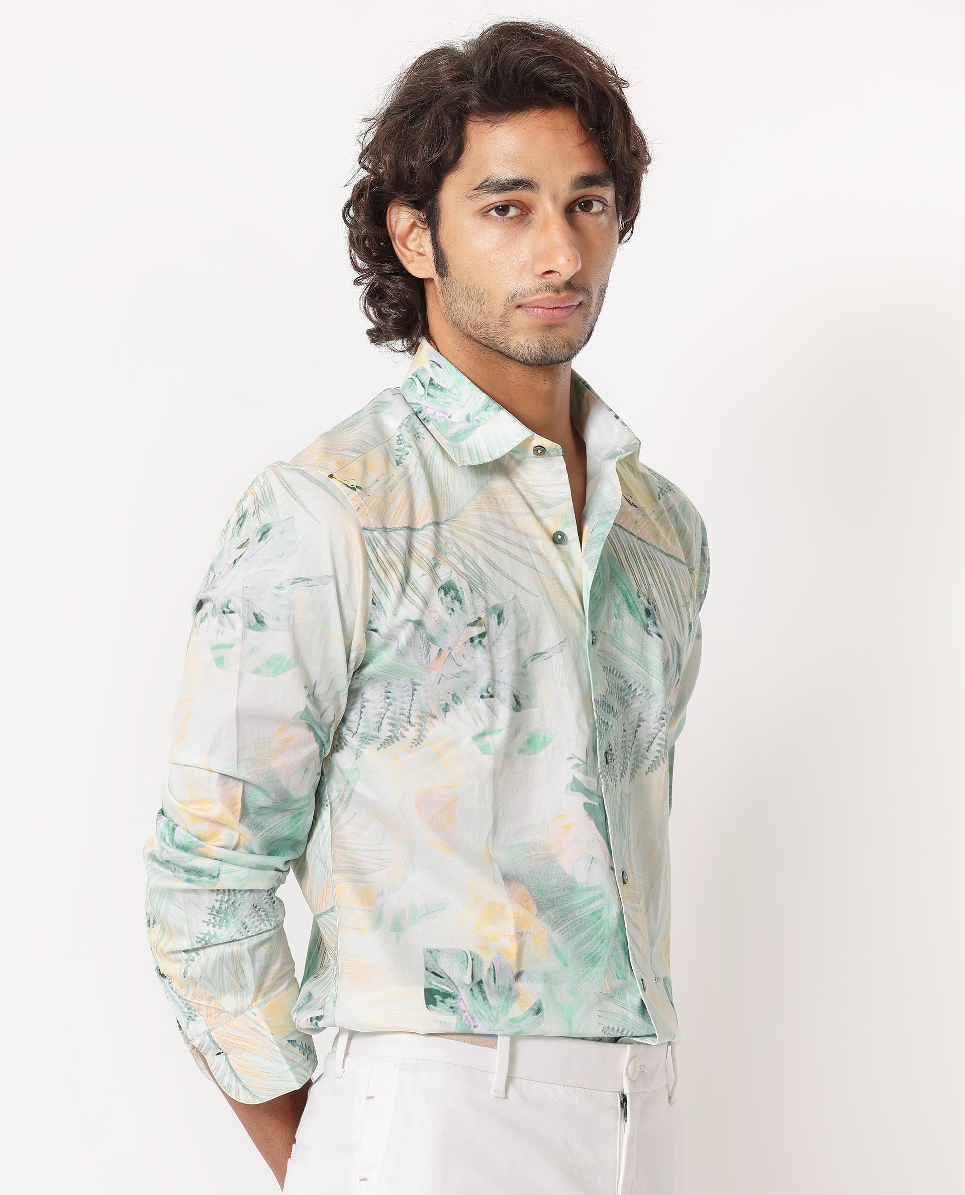 Rare Rabbit Men's Edros Off White Cotton Fabric Tropical Print Full Sleeves Shirt